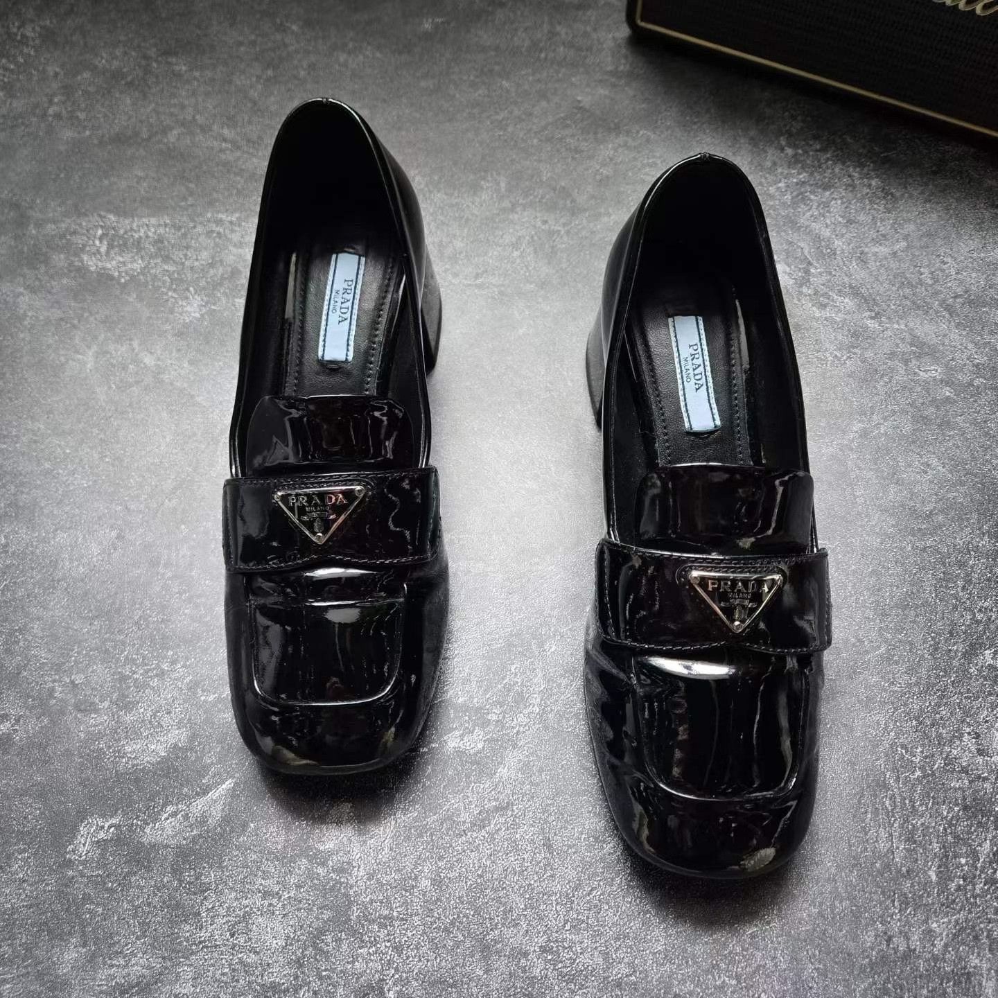 Prada Prada Triangle Logo Black Patent Leather Loafers Size US 4.5 / IT 34.5 - 2 Thumbnail