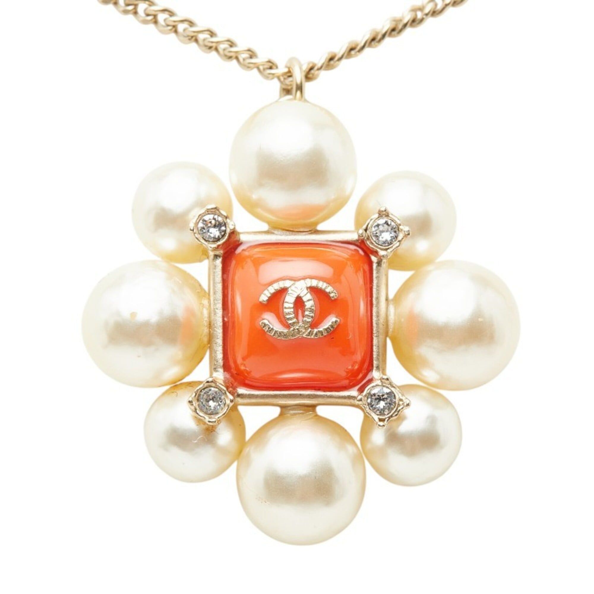 Chanel Chanel Coco Mark Rhinestone Necklace, Gold and Orange Plated, Faux Pearl, Women's. Size ONE SIZE - 2 Thumbnail