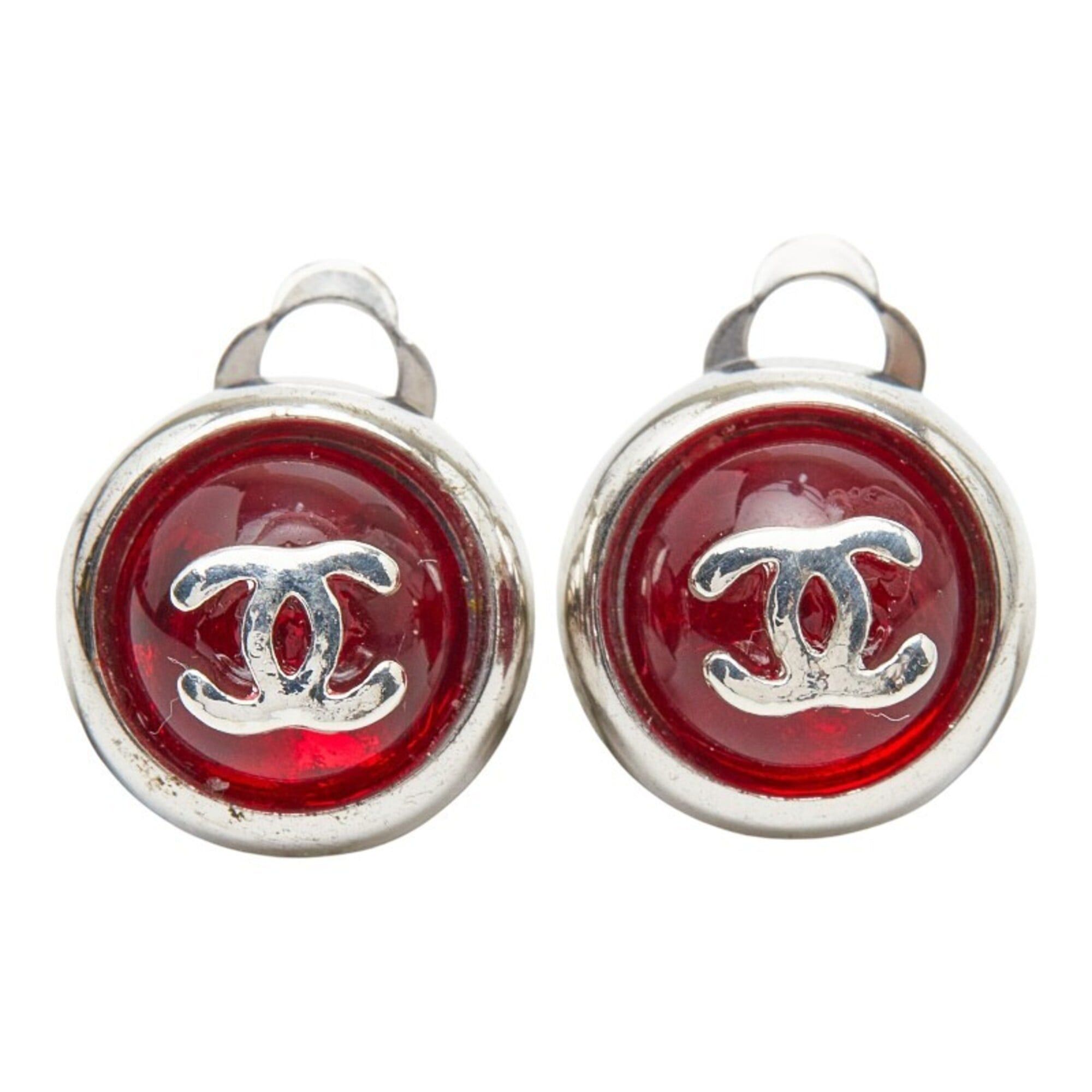 Chanel Chanel Coco Mark Round Earrings, Silver and Red Metal, Women's CHANEL Size ONE SIZE - 2 Thumbnail
