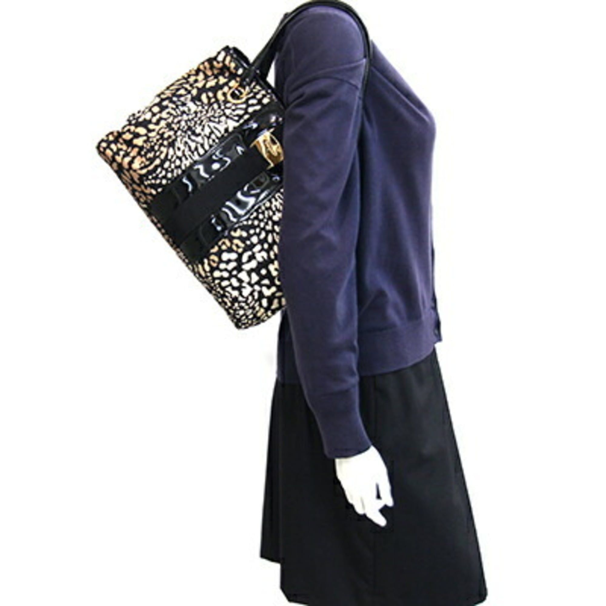 Salvatore Ferragamo Salvatore Ferragamo Ferragamo Vara Tote Bag FJ21 E166 Beige Black Nylon Enamel Leather Animal Leopard Print Women's Salvatore Size ONE SIZE - 10 Thumbnail
