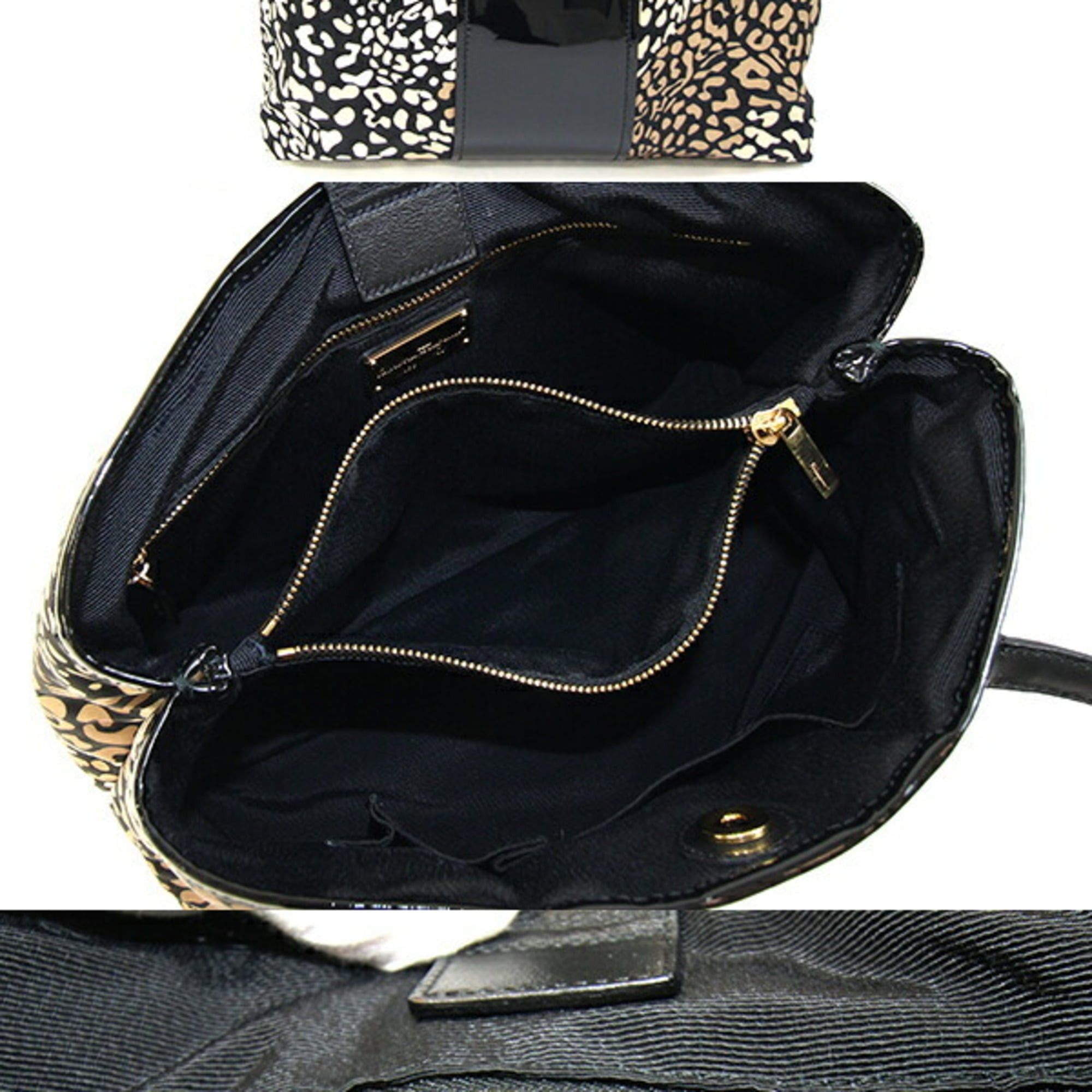Salvatore Ferragamo Salvatore Ferragamo Ferragamo Vara Tote Bag FJ21 E166 Beige Black Nylon Enamel Leather Animal Leopard Print Women's Salvatore Size ONE SIZE - 2 Thumbnail