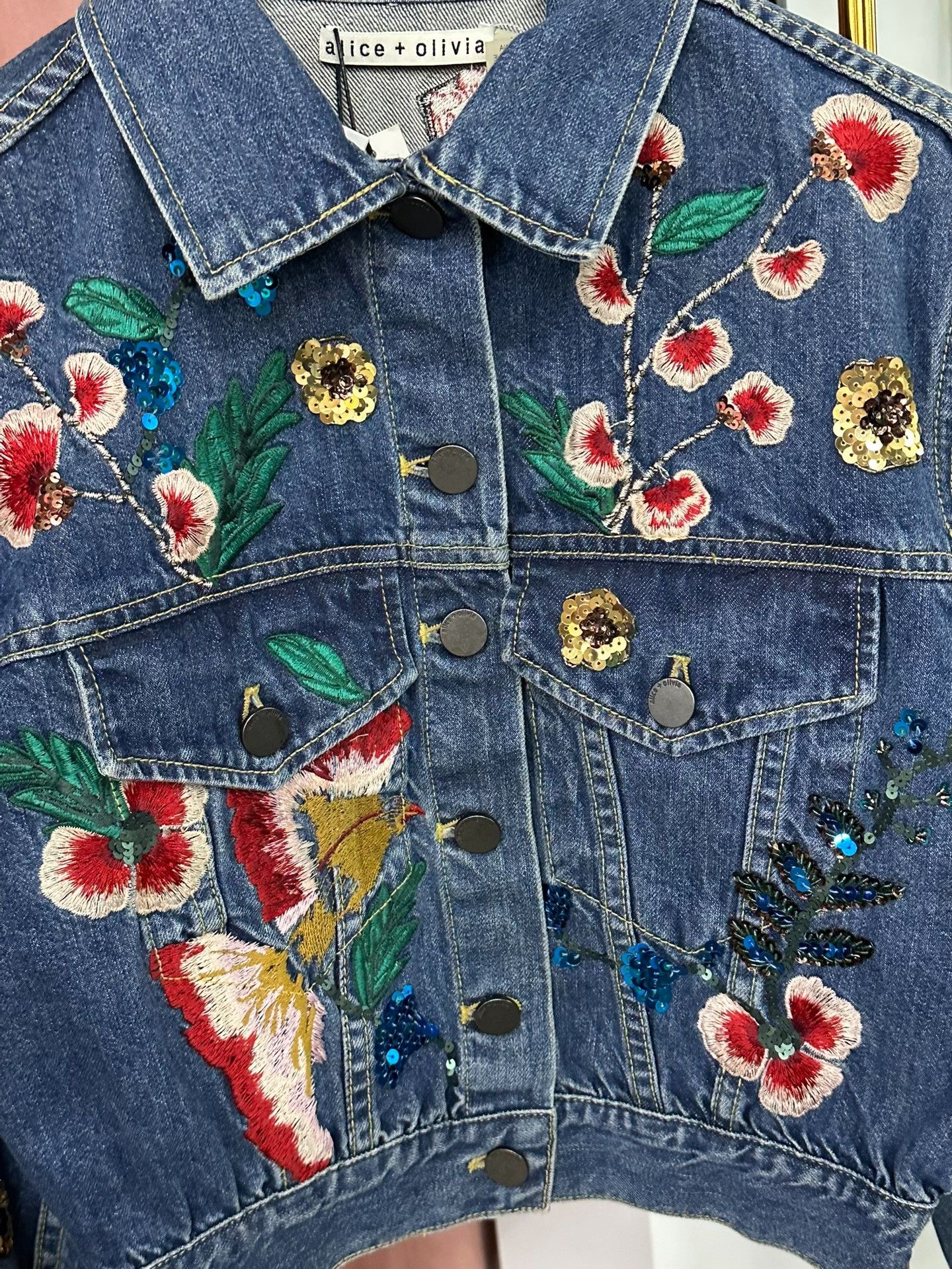 Alice + Olivia alice+olivia Blue Sequin Beaded Denim Jacket Size XS / US 0-2 / IT 36-38 - 2 Thumbnail