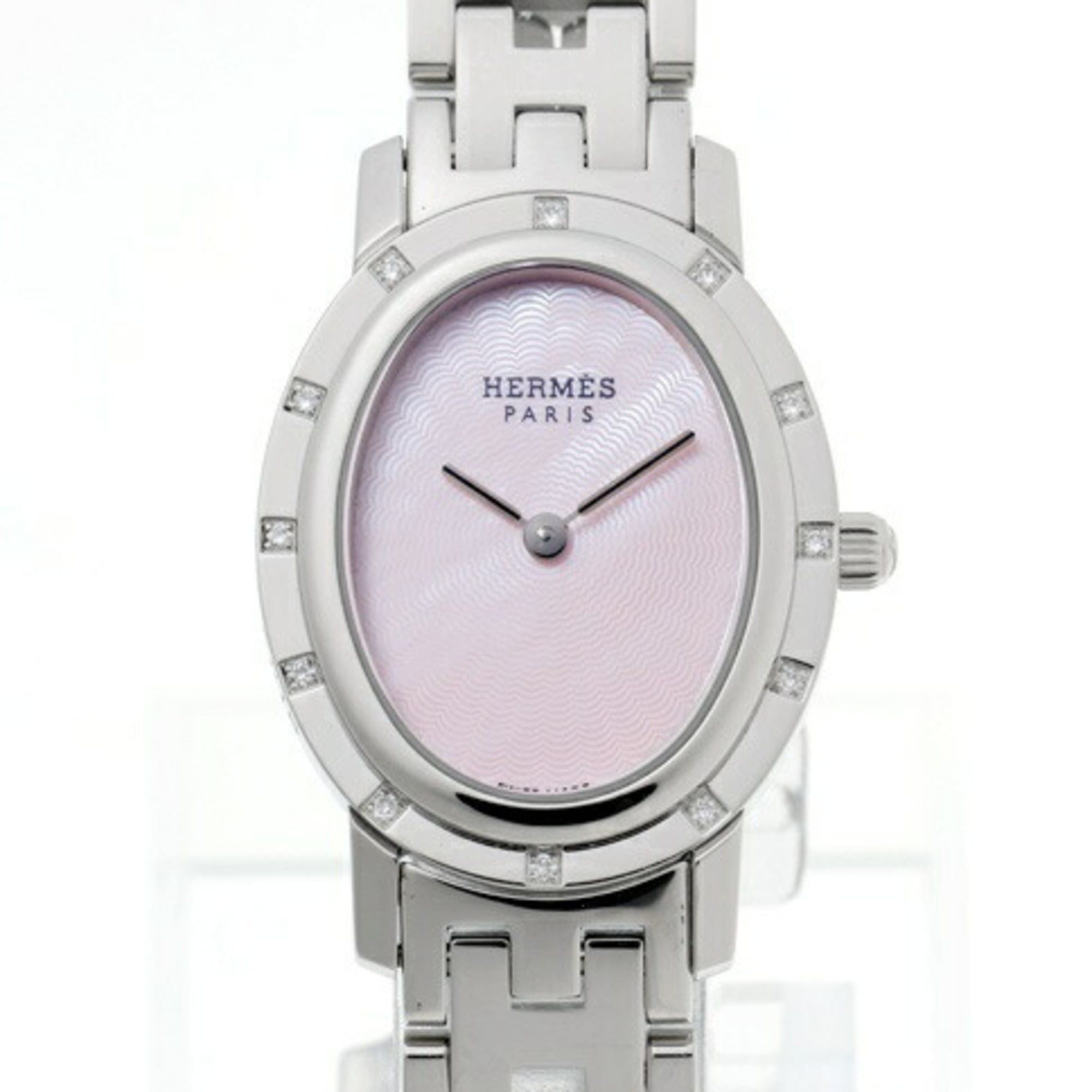 Hermes Hermes Clipper Oval Nacre CO1.230 12P Diamond Bezel Pink Shell Quartz Size ONE SIZE - 3 Thumbnail
