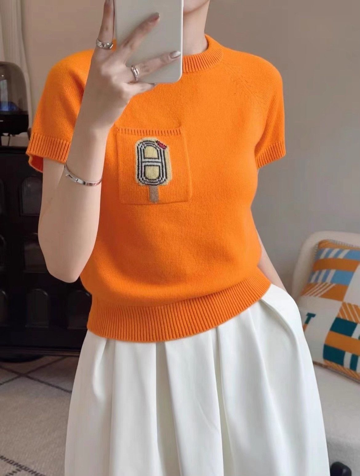Hermes Hermes Orange Cashmere Knit Short-Sleeve Size XS / US 0-2 / IT 36-38 - 7 Thumbnail