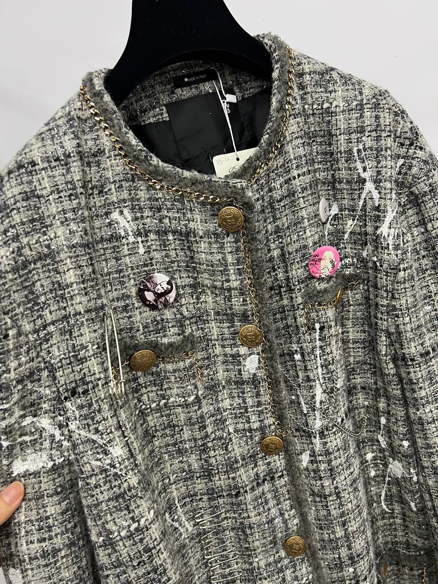 R13 R13 Gray Tweed Chain Badge Jacket Size M / US 6-8 / IT 42-44 - 3 Thumbnail
