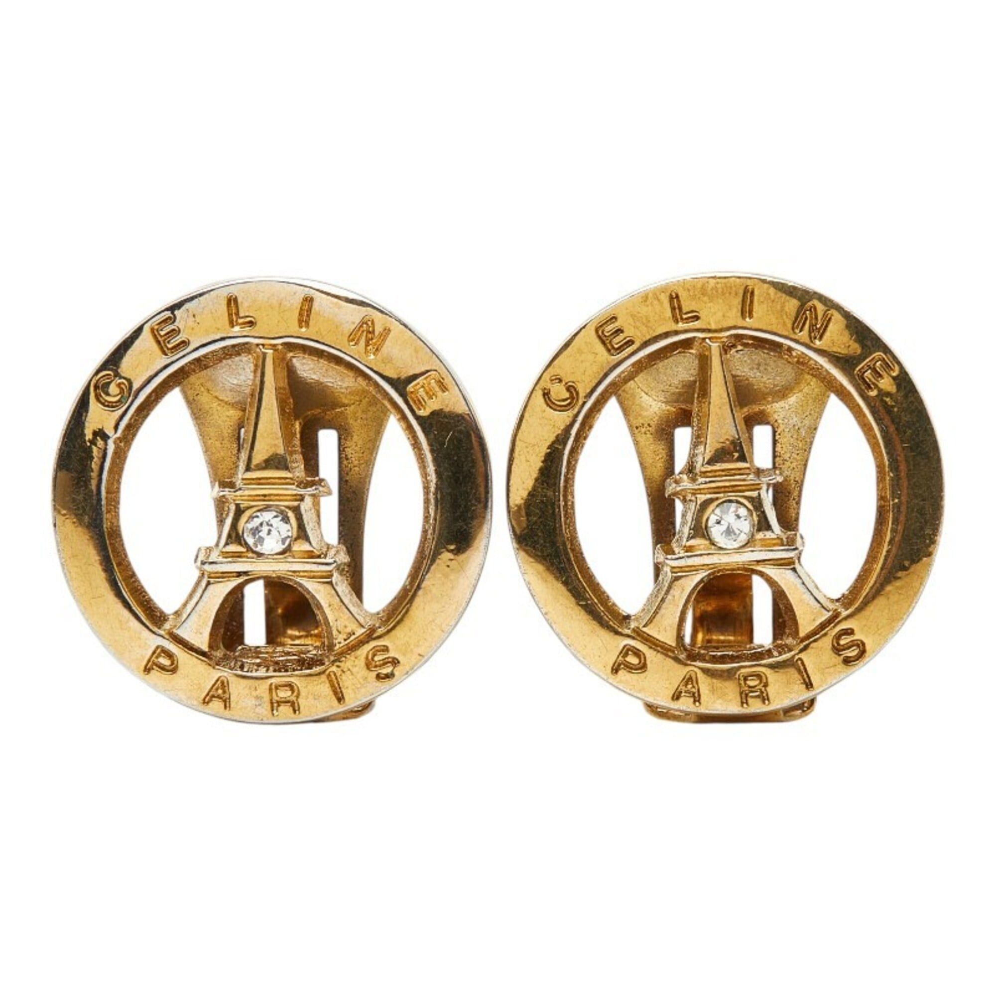 Celine Celine Eiffel Tower motif round earrings, gold plated with rhinestones, for women. Size ONE SIZE - 2 Thumbnail
