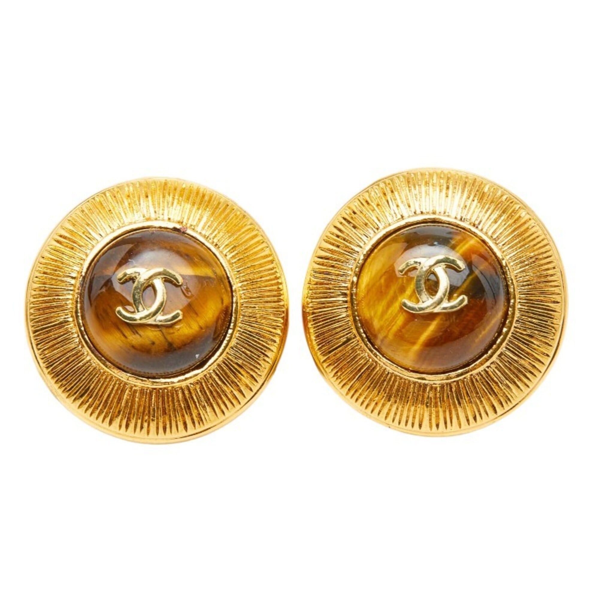 Chanel Chanel Coco Mark Vintage Round Earrings, Gold with Yellow Rhinestones, Plated, Women's. Size ONE SIZE - 2 Thumbnail