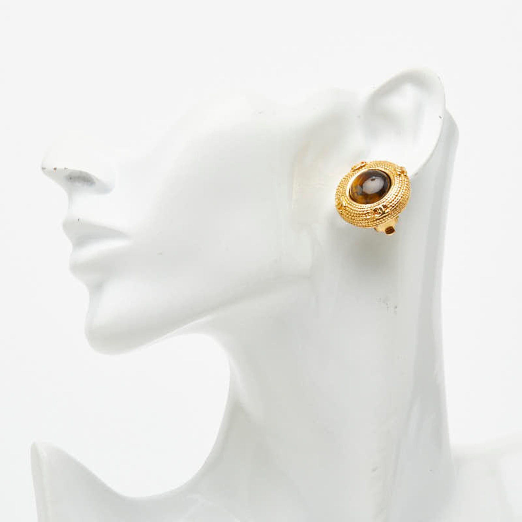 Chanel Chanel Coco Mark Earrings, Gold Plated, Tiger Eye, Women's CHANEL Size ONE SIZE - 5 Thumbnail