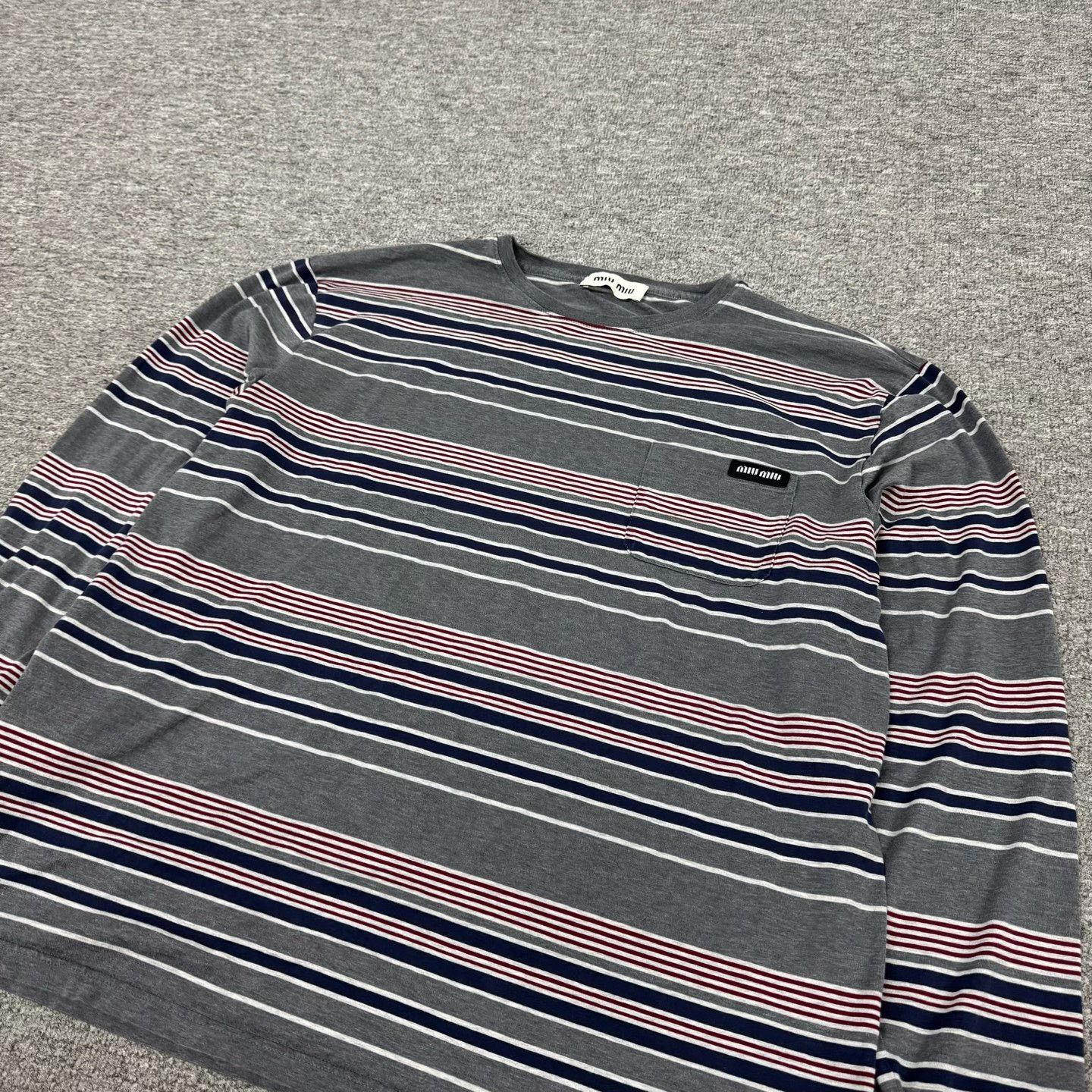 Miu Miu Miu Miu Gray-Blue Striped Pocket Long-Sleeve T-Shirt Size S / US 4 / IT 40 - 4 Thumbnail