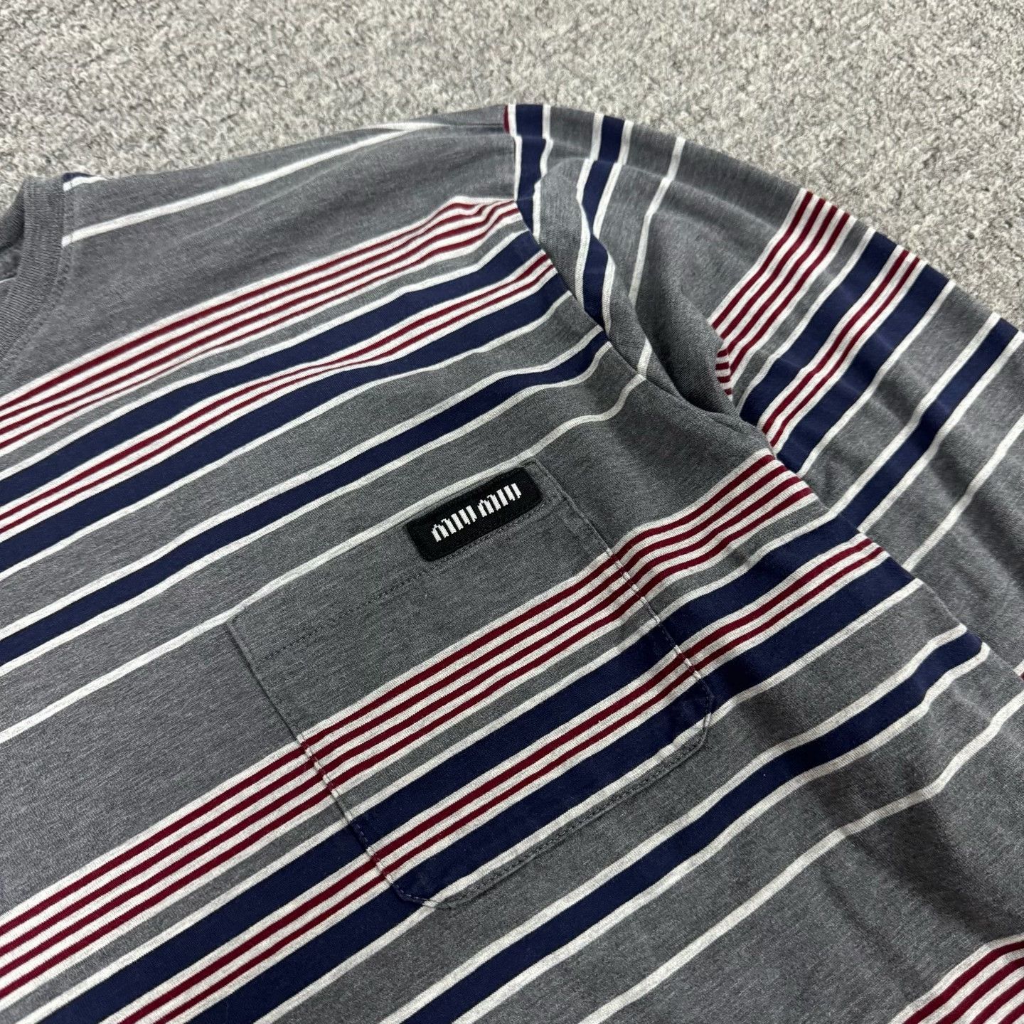Miu Miu Miu Miu Gray-Blue Striped Pocket Long-Sleeve T-Shirt Size S / US 4 / IT 40 - 5 Thumbnail