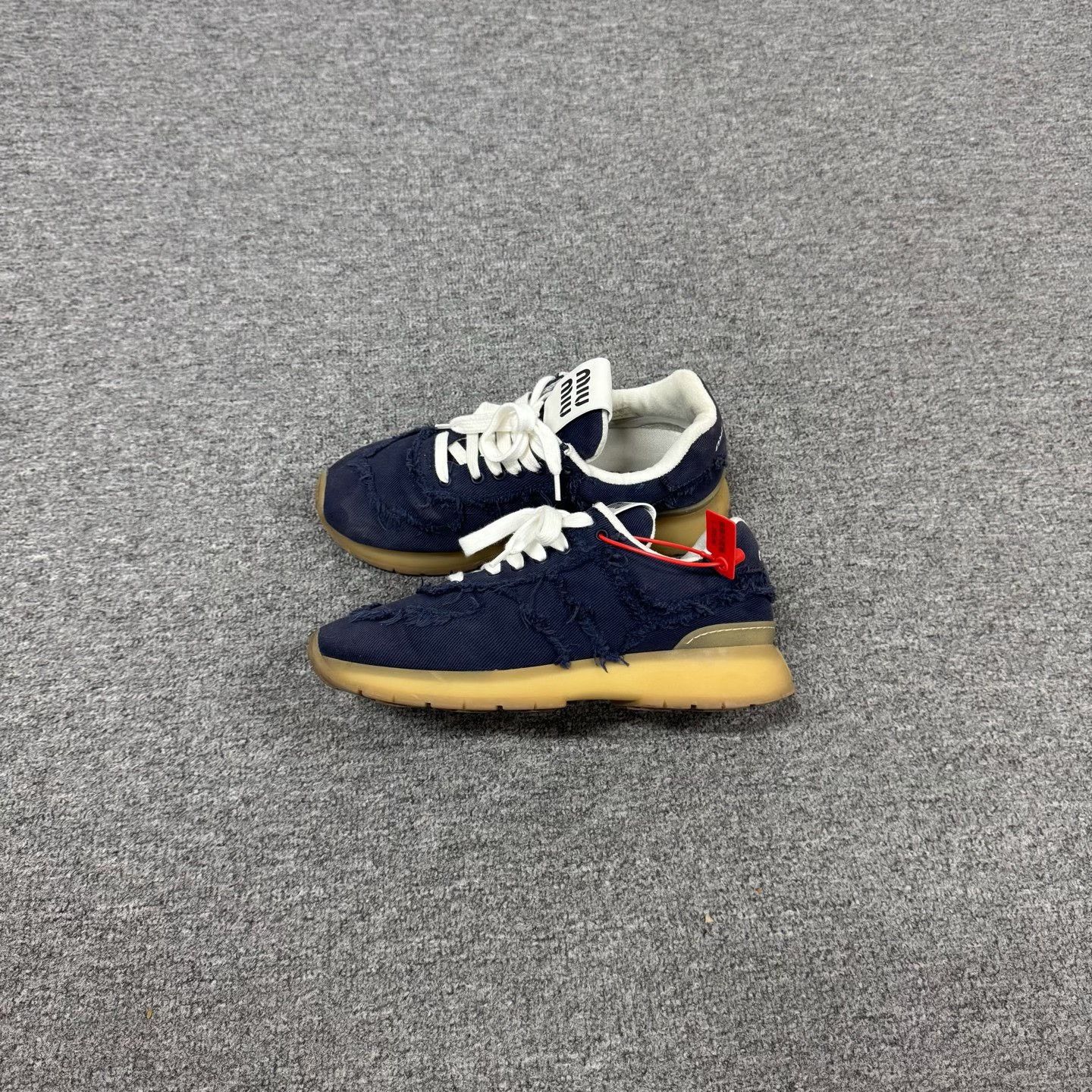 Miu Miu Miu Miu 2025 Navy Distressed Fringe Platform Sneakers Size US 7 / IT 37 - 2 Thumbnail