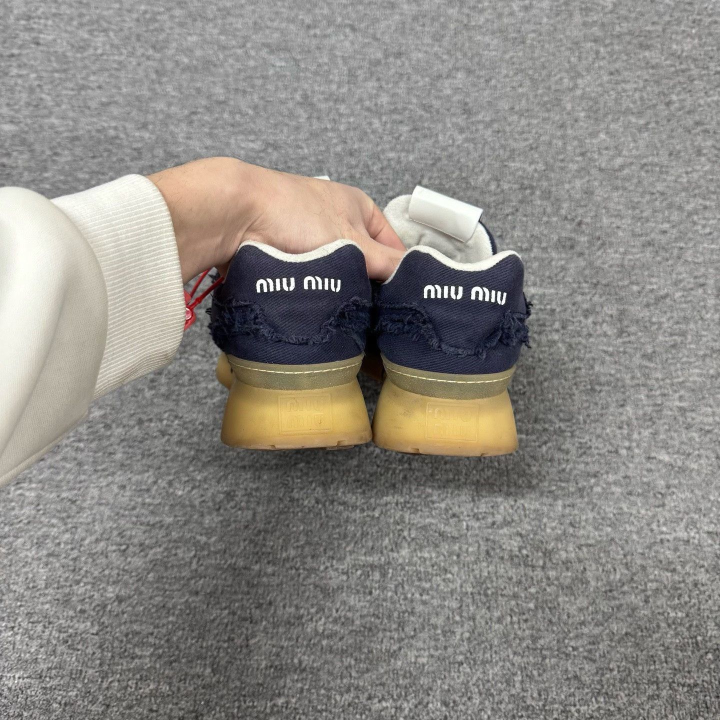 Miu Miu Miu Miu 2025 Navy Distressed Fringe Platform Sneakers Size US 7 / IT 37 - 4 Thumbnail