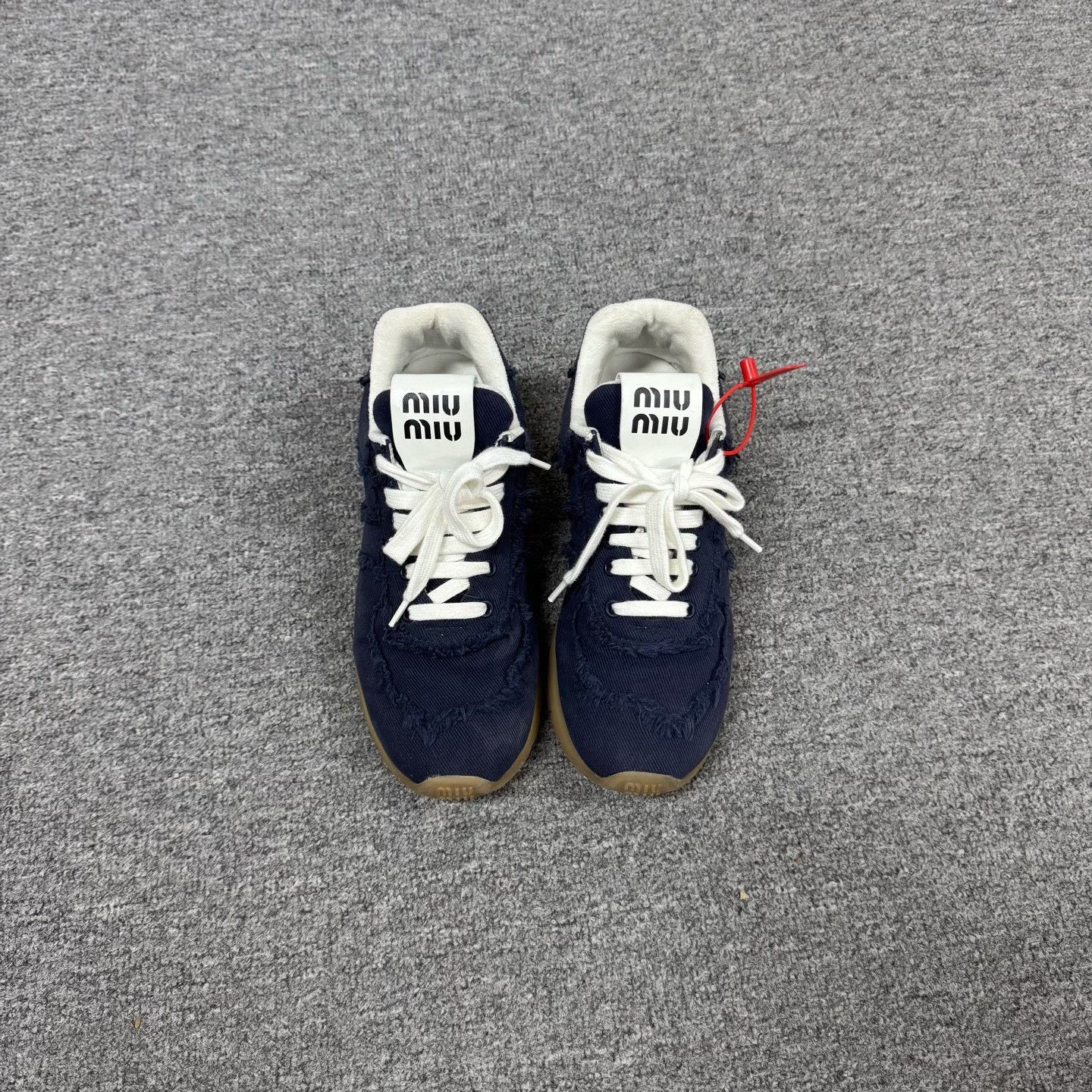 Miu Miu Miu Miu 2025 Navy Distressed Fringe Platform Sneakers Size US 7 / IT 37 - 3 Thumbnail