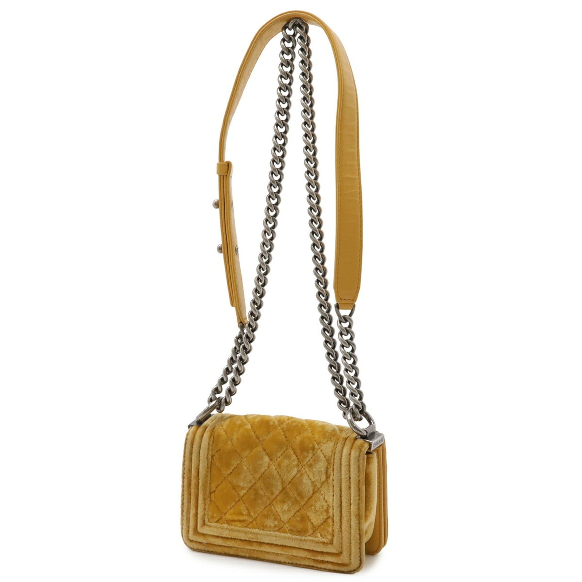 Chanel CHANEL Boy Chanel Matelassé Coco Mark Chain Shoulder Bag Pochette Velvet Leather Yellow Size ONE SIZE - 3 Thumbnail