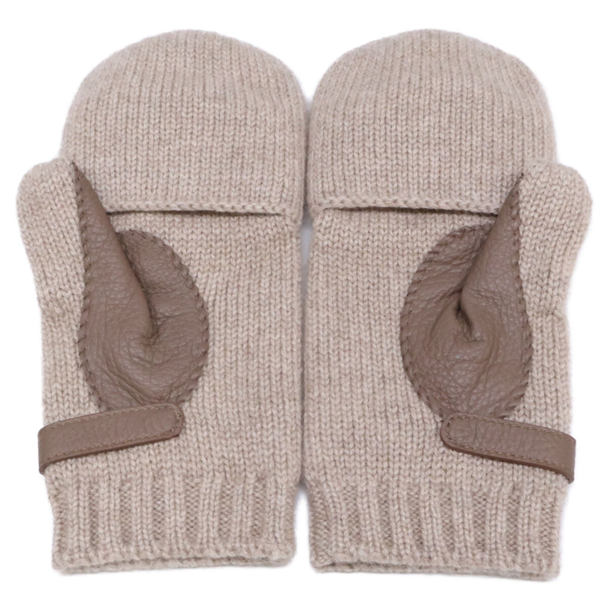 Hermes HERMES Lionel Cashmere Knit Deerskin Mitten Gloves, Size M, Beige, Women's Size ONE SIZE - 3 Thumbnail
