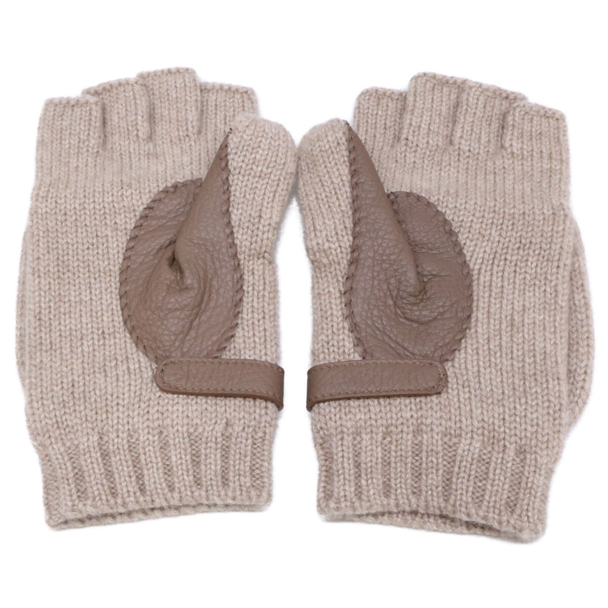 Hermes HERMES Lionel Cashmere Knit Deerskin Mitten Gloves, Size M, Beige, Women's Size ONE SIZE - 5 Thumbnail