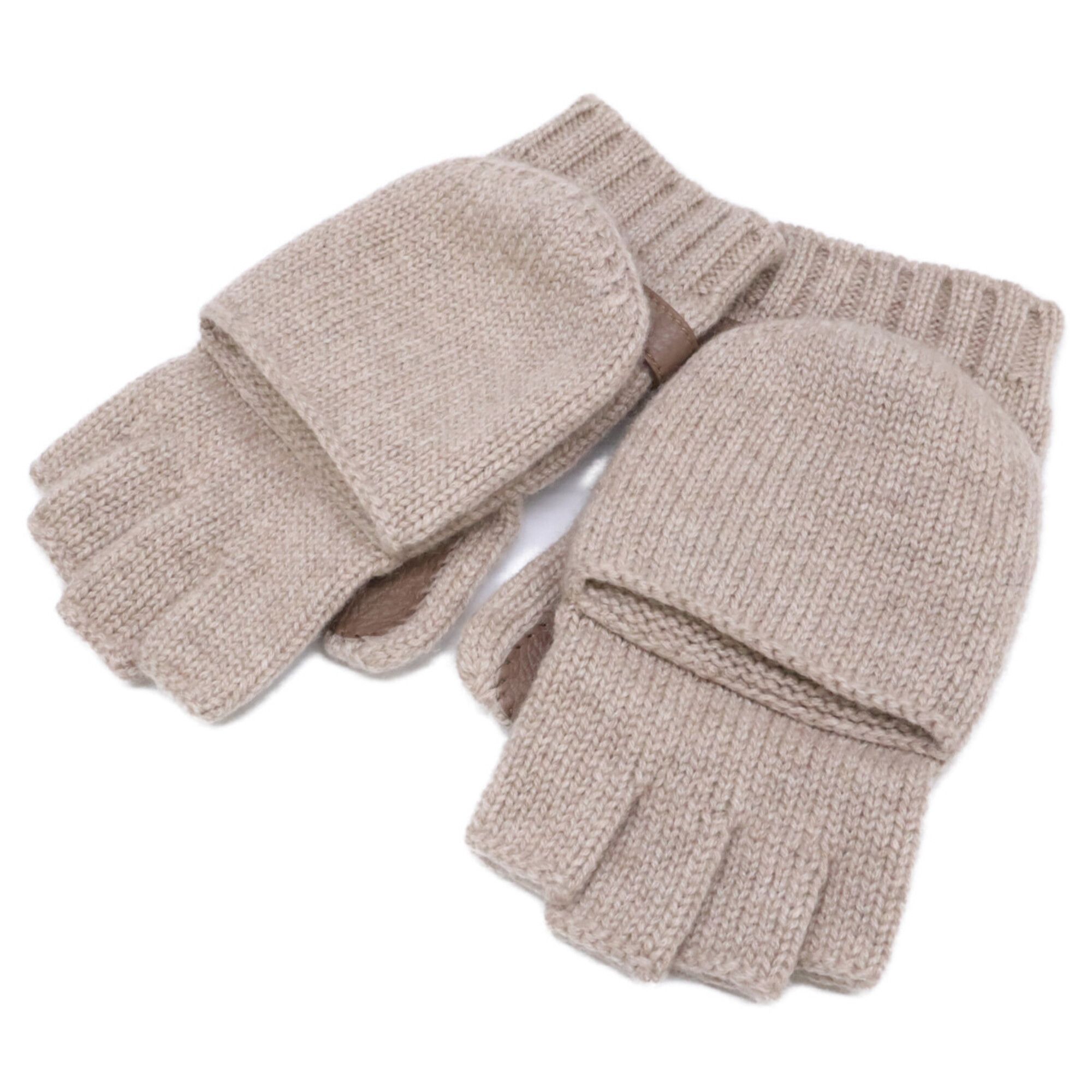 Hermes HERMES Lionel Cashmere Knit Deerskin Mitten Gloves, Size M, Beige, Women's Size ONE SIZE - 4 Thumbnail