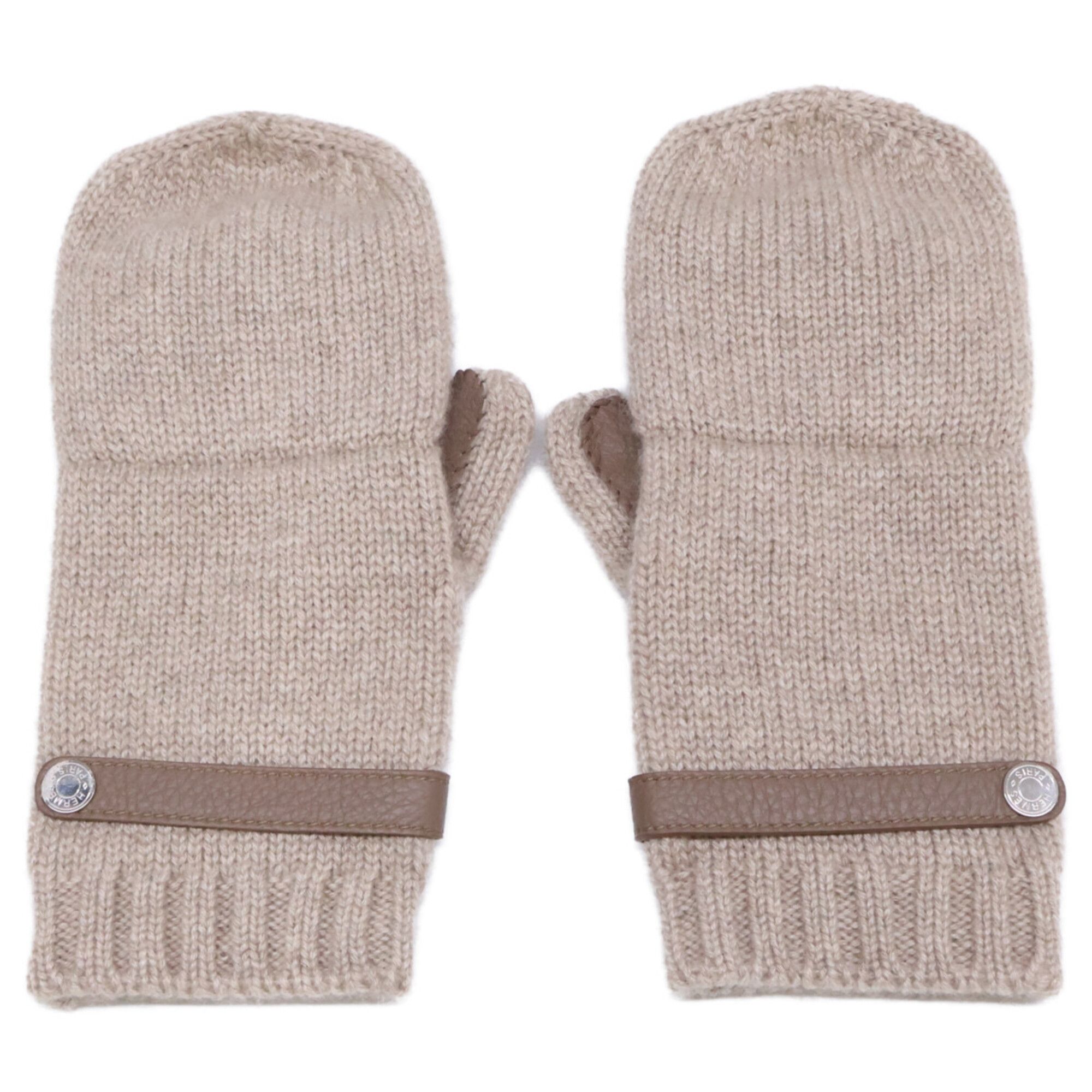 Hermes HERMES Lionel Cashmere Knit Deerskin Mitten Gloves, Size M, Beige, Women's Size ONE SIZE - 2 Thumbnail