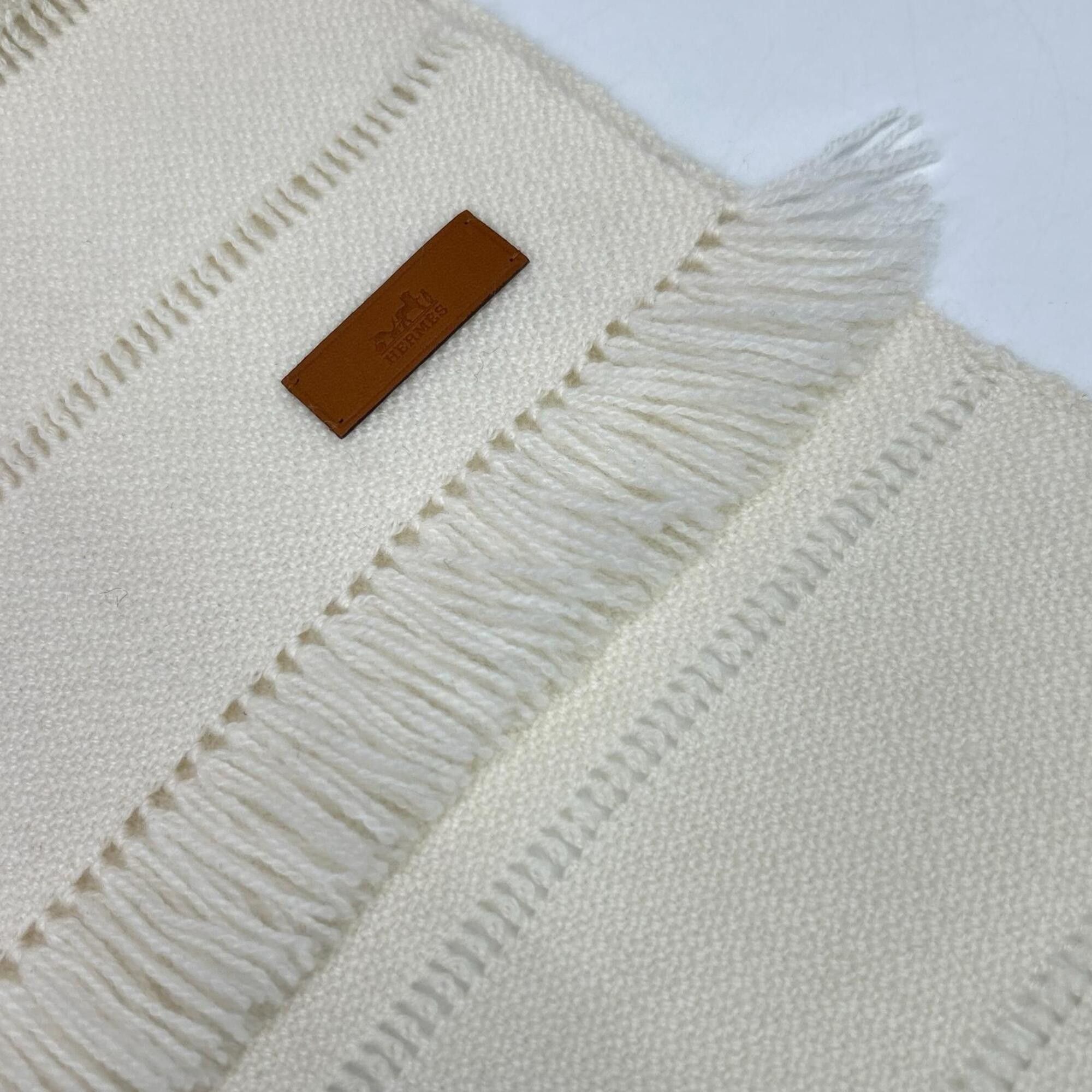 Hermes HERMES 100% Cashmere Striped Fringe Scarf, Ivory, Women's Size ONE SIZE - 5 Thumbnail