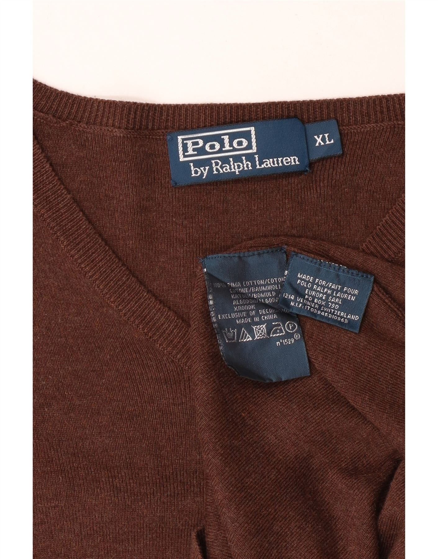 Polo Ralph Lauren Mens V-Neck Jumper Sweater XL Brown Cotton Size US XXL / EU 58 / 5 - 4 Thumbnail