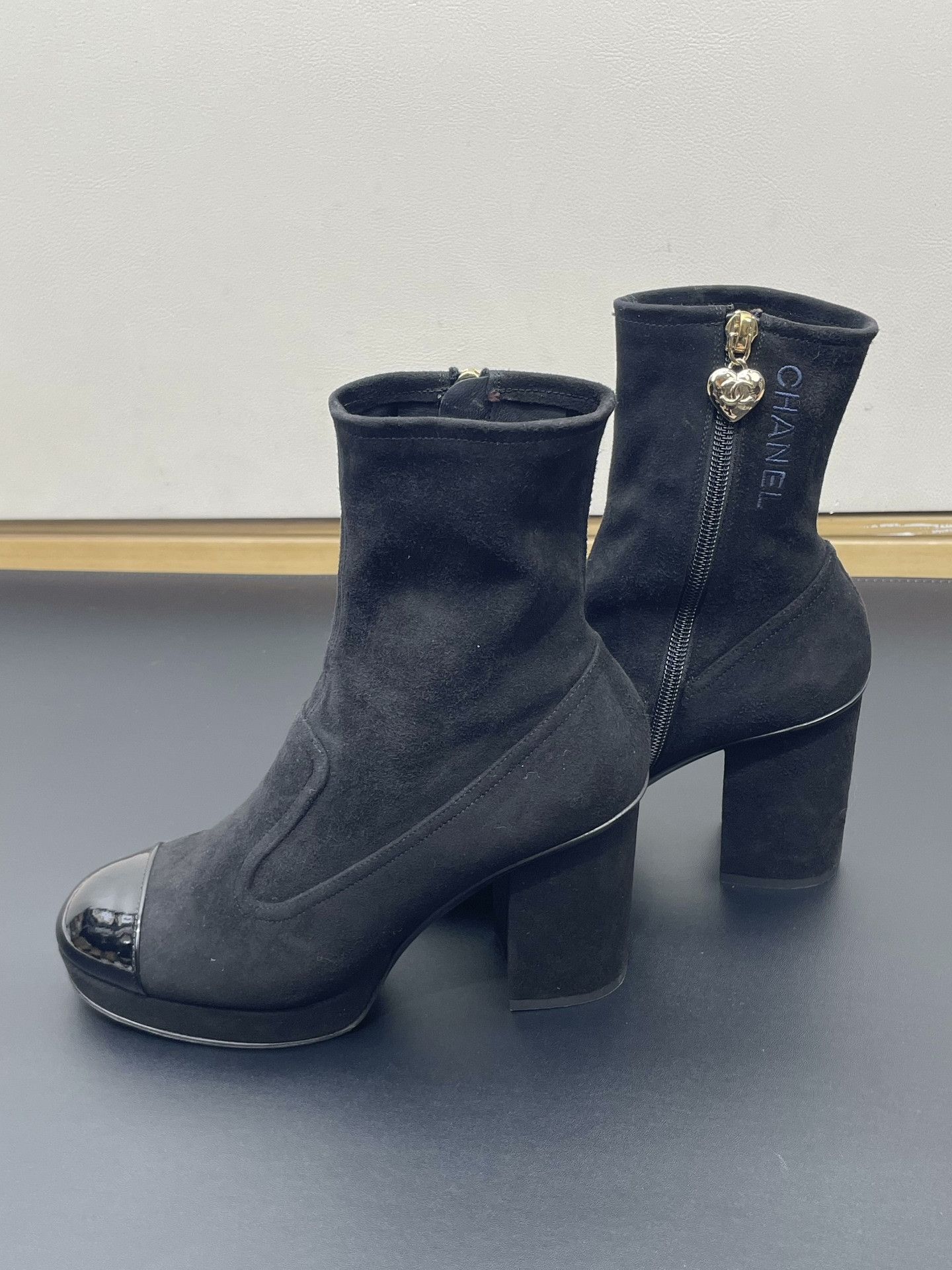 Chanel Chanel Black Suede Block Heel Short Boots Size US 4.5 / IT 34.5 - 2 Thumbnail