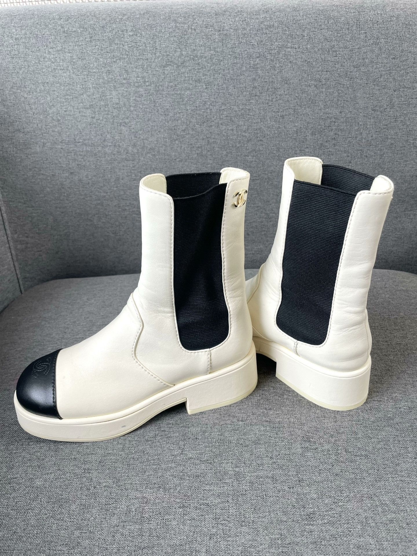 Chanel Chanel Black White Lambskin Short Boots Size US 4.5 / IT 34.5 - 2 Thumbnail