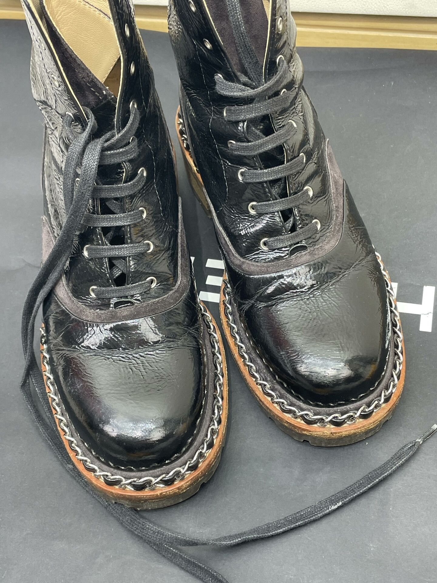 Chanel Chanel Black Patent Leather Chain Boots Size US 4 / IT 34 - 5 Thumbnail
