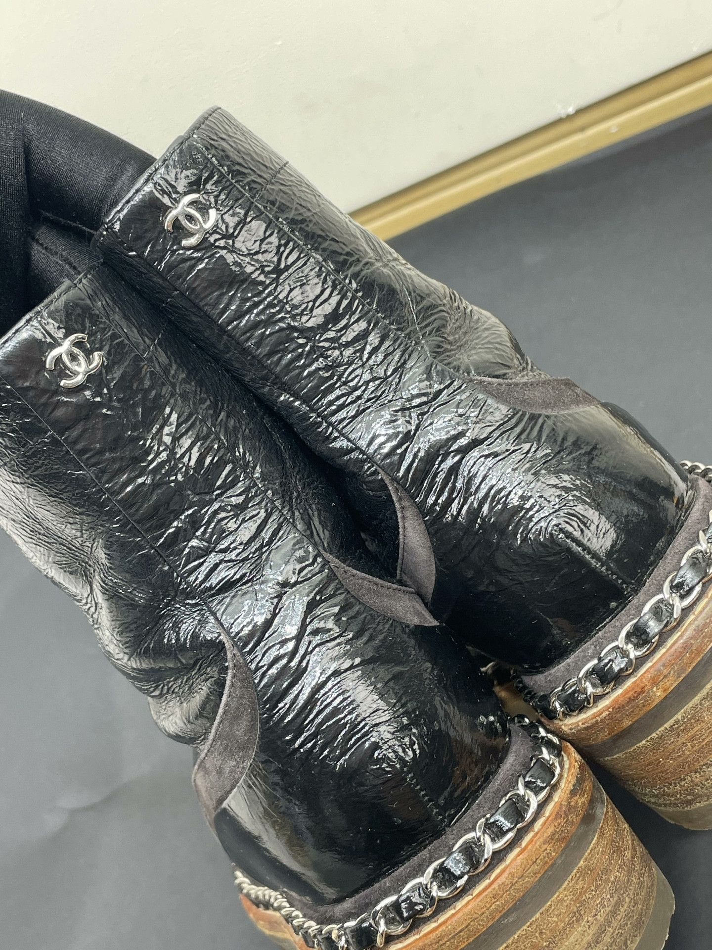 Chanel Chanel Black Patent Leather Chain Boots Size US 4 / IT 34 - 4 Thumbnail