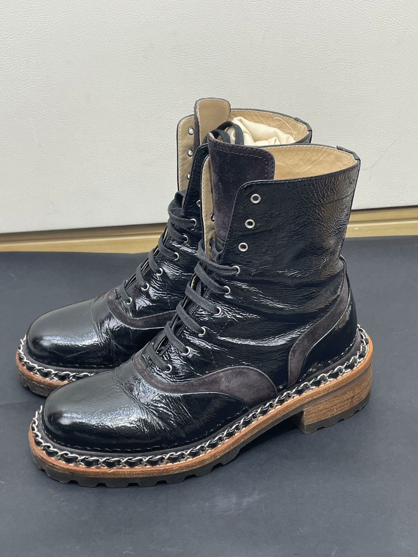 Chanel Chanel Black Patent Leather Chain Boots Size US 4 / IT 34 - 2 Thumbnail