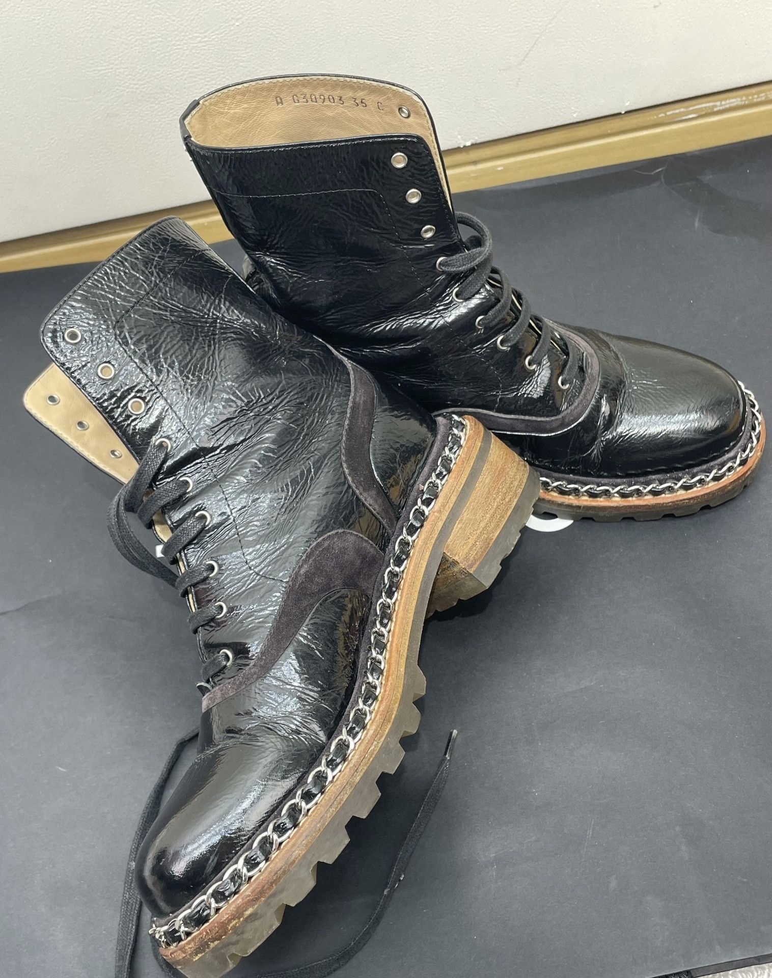 Chanel Chanel Black Patent Leather Chain Boots Size US 4 / IT 34 - 6 Thumbnail