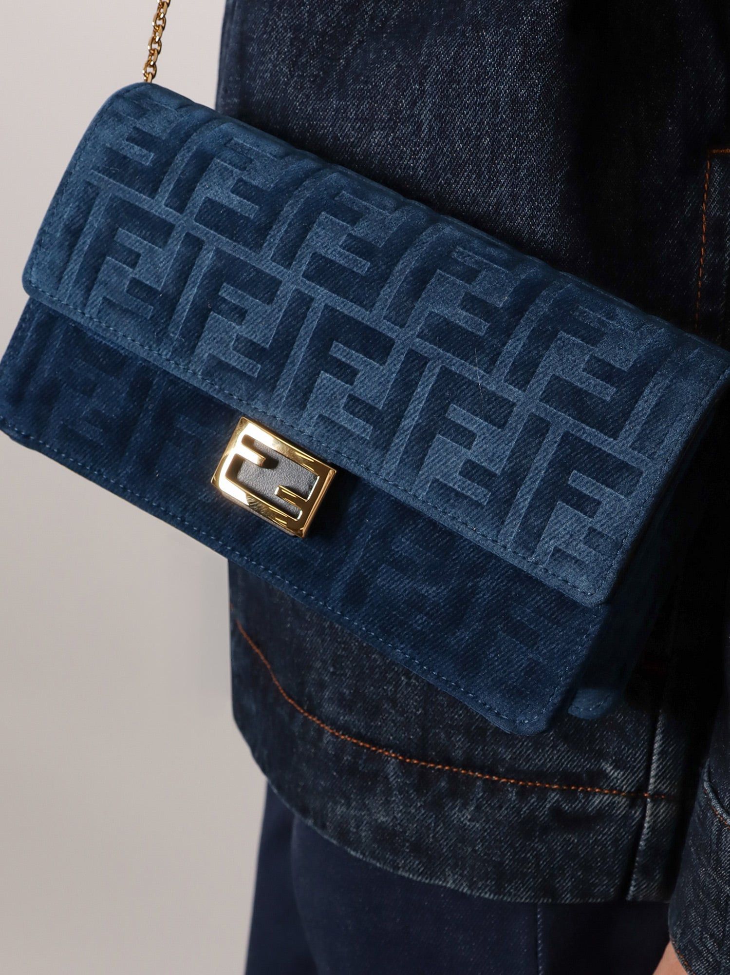 Fendi Wallet On Chain Baguette Shoulder Bag In Denim-Effect Ff Corduroy Size ONE SIZE - 5 Thumbnail