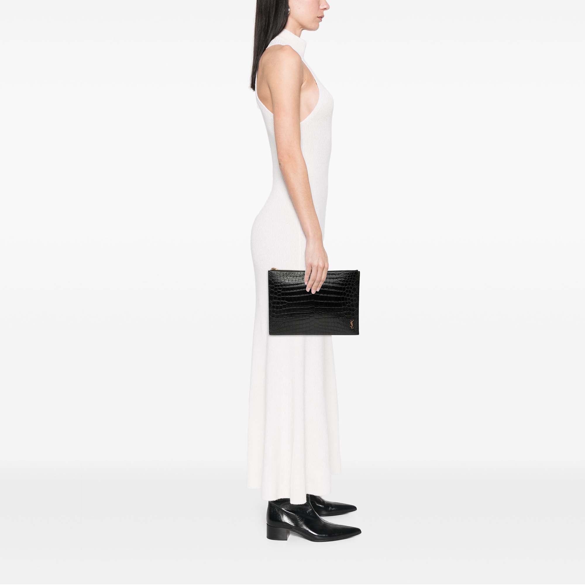 Saint Laurent Paris Croc Embossed Leather Tiny Monogram Zipped Tablet Holder Size ONE SIZE - 7 Thumbnail