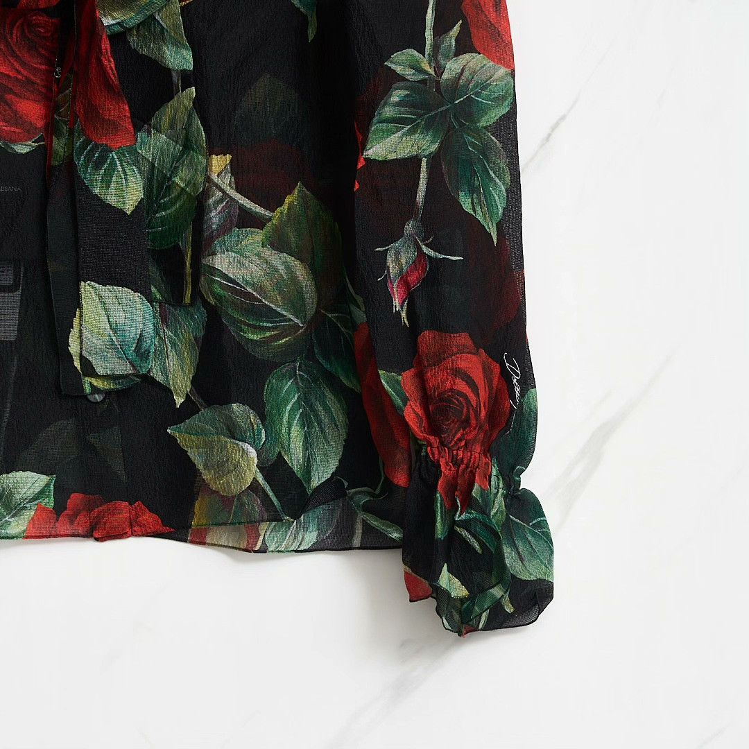 Dolce & Gabbana Dolce&Gabbana Women's Rose Print Tie Shirt Size M / US 6-8 / IT 42-44 - 3 Thumbnail