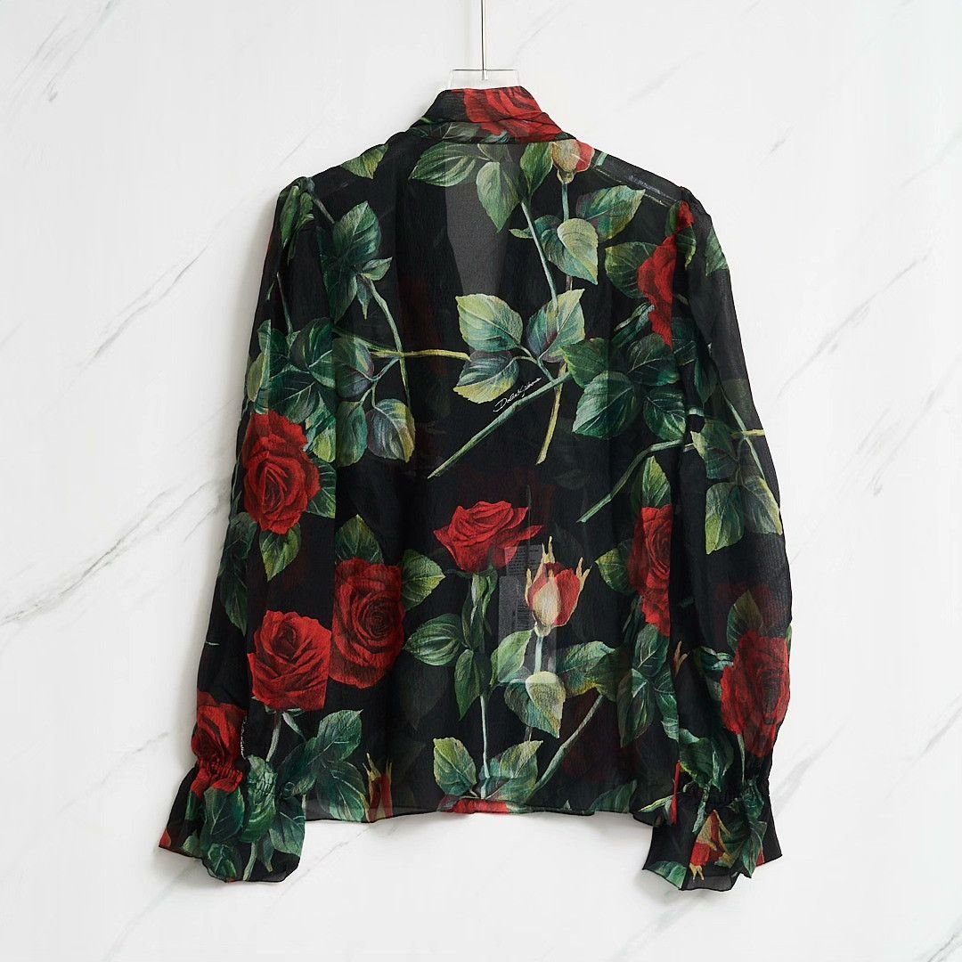 Dolce & Gabbana Dolce&Gabbana Women's Rose Print Tie Shirt Size M / US 6-8 / IT 42-44 - 4 Thumbnail