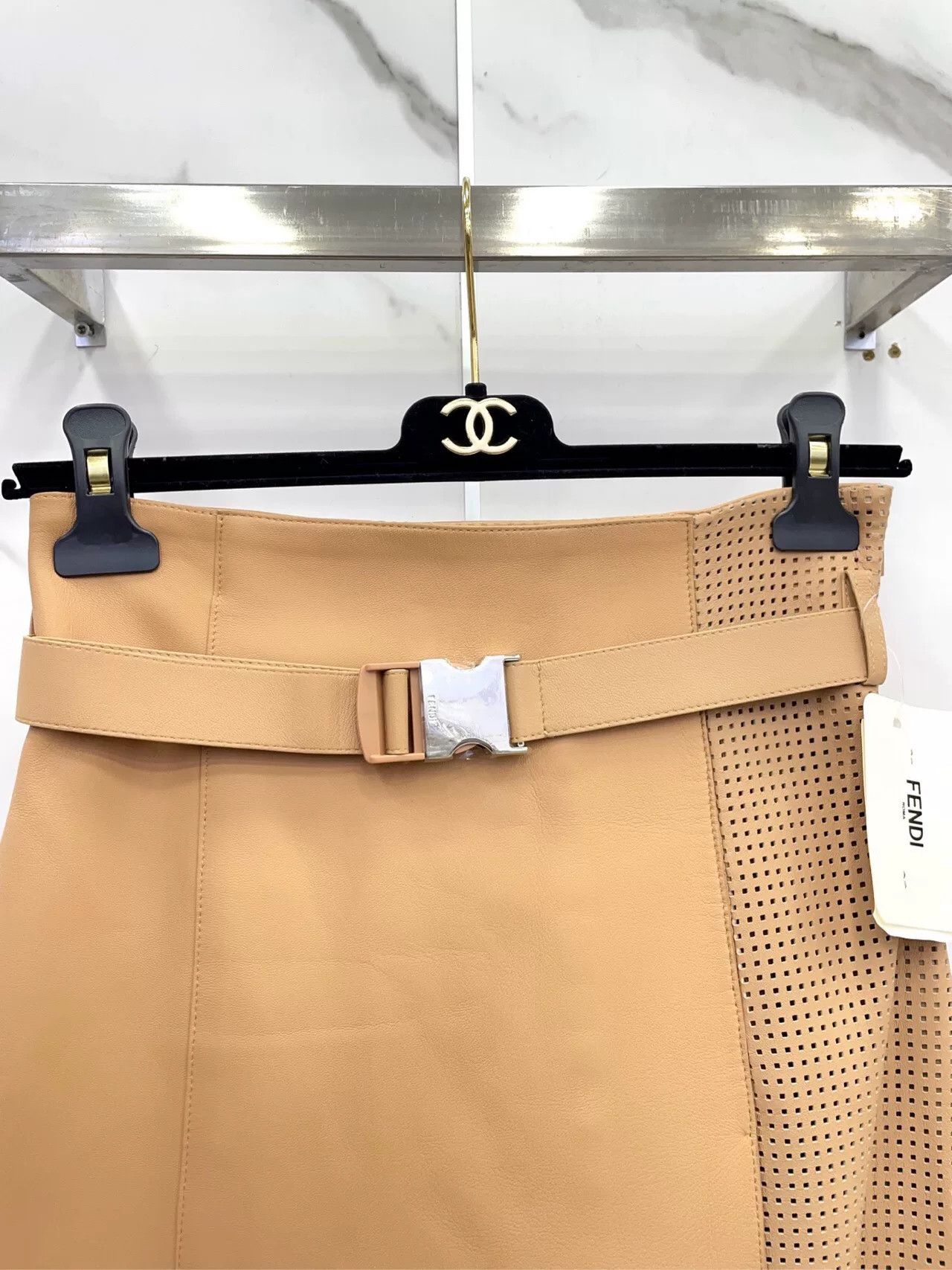 Fendi FENDI Khaki Perforated Sheepskin Midi Skirt Size 38" / US 16 / IT 52 - 3 Thumbnail