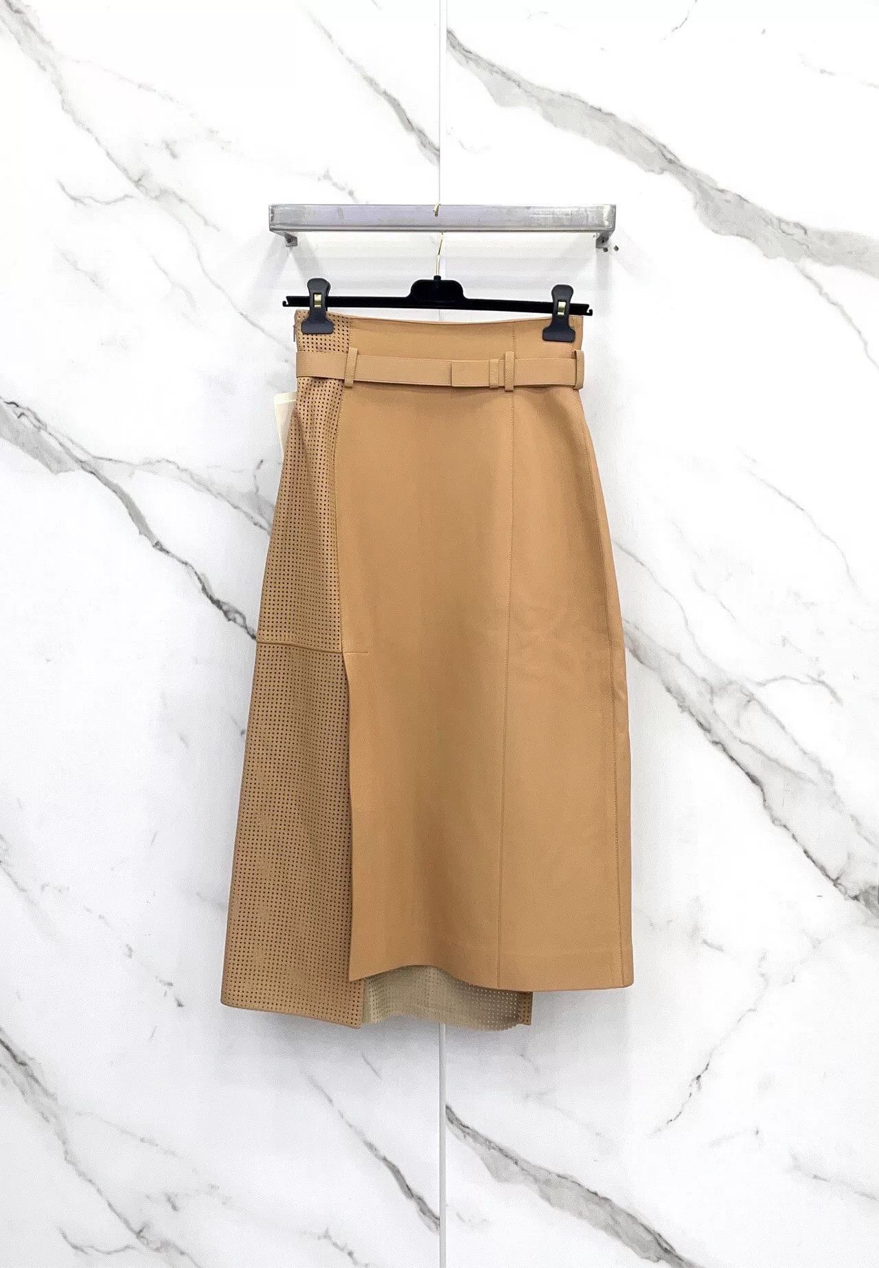 Fendi FENDI Khaki Perforated Sheepskin Midi Skirt Size 38" / US 16 / IT 52 - 2 Thumbnail