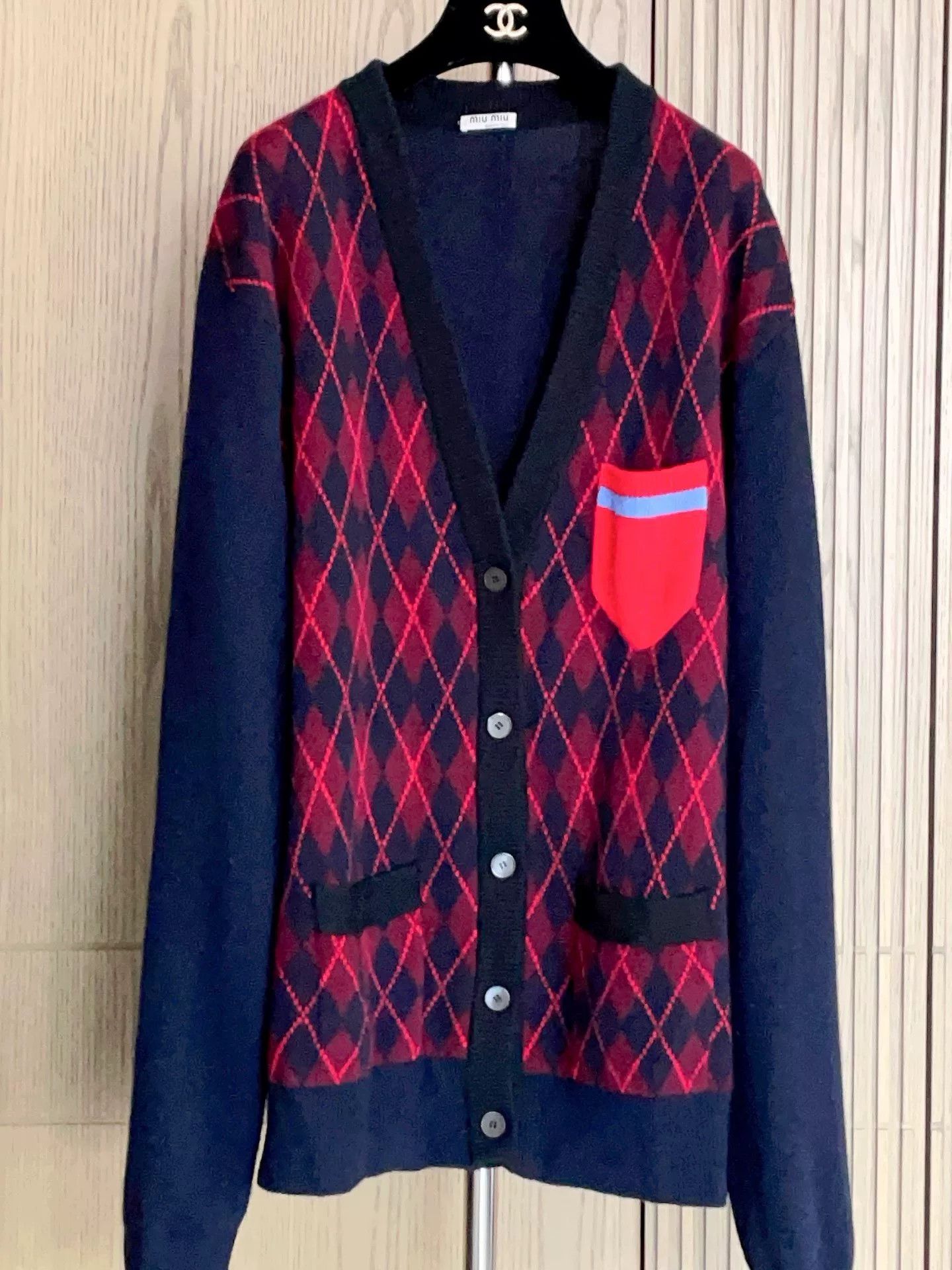 Miu Miu Miu Miu Red Argyle Colorblock Mid-Length Cardigan Size S / US 4 / IT 40 - 4 Thumbnail