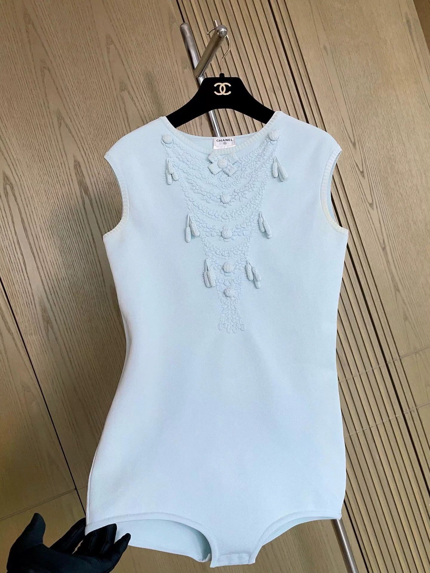 Chanel Chanel Light Blue Embossed Knit Sleeveless Jumpsuit Size S / US 4 / IT 40 - 5 Thumbnail