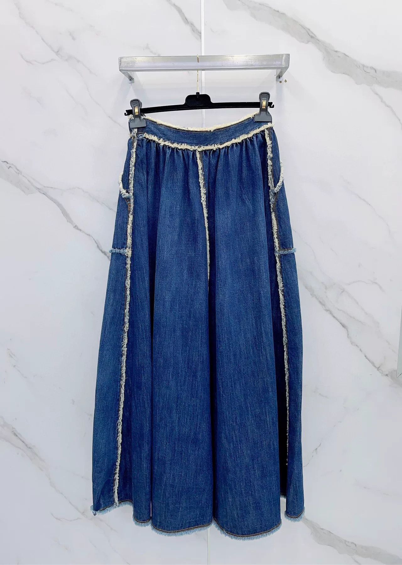 Dior Dior Blue Denim Fringed Long Skirt Size 38" / US 16 / IT 52 - 2 Thumbnail