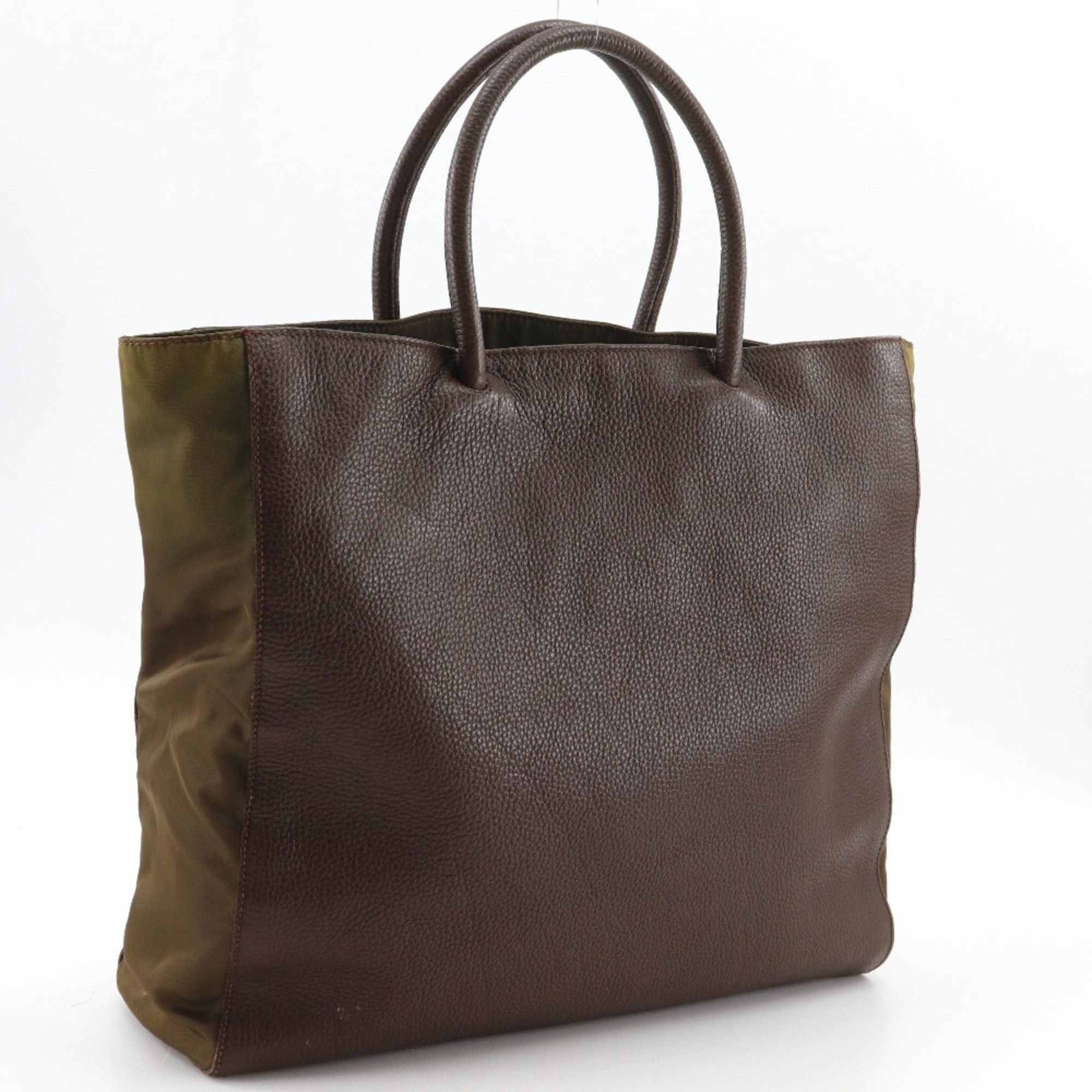 Prada Prada logo embossed handbag/tote bag, calfskin x nylon, brown, unisex. Size ONE SIZE - 3 Thumbnail