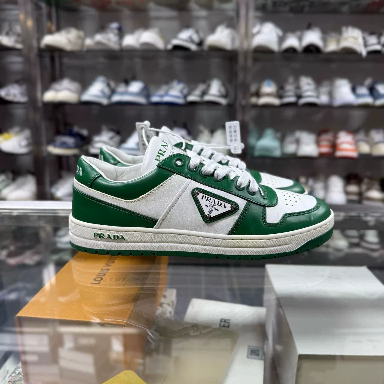 Prada PRADA DOWNTOWN Metallic Logo White Green Sneakers Size US 6.5 / IT 36.5 - 2 Thumbnail