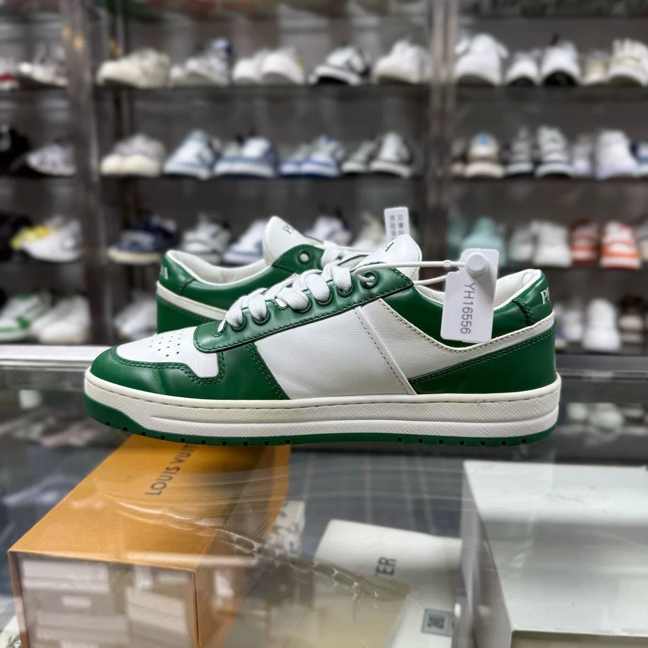 Prada PRADA DOWNTOWN Metallic Logo White Green Sneakers Size US 6.5 / IT 36.5 - 5 Thumbnail