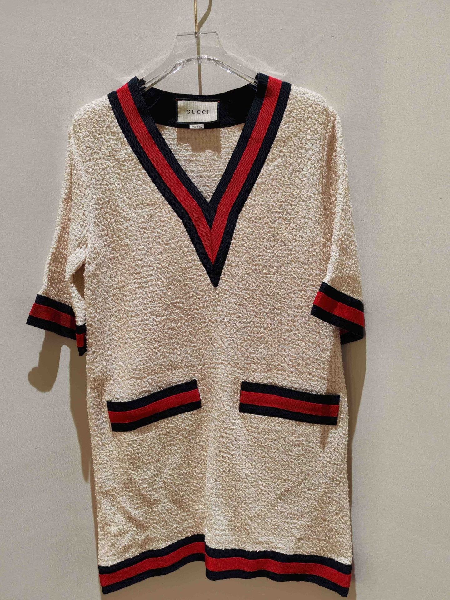 Gucci Gucci Beige Striped V-Neck Dress Size S / US 4 / IT 40 - 3 Thumbnail