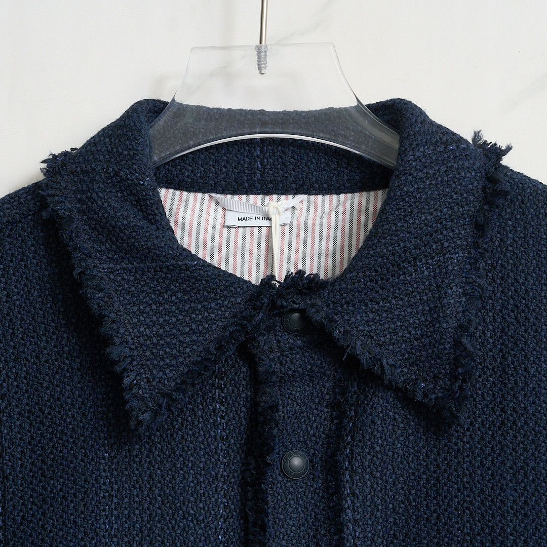Thom Browne Thom Browne Men's Navy Tweed Fringe Coat Size US M / EU 48-50 / 2 - 2 Thumbnail
