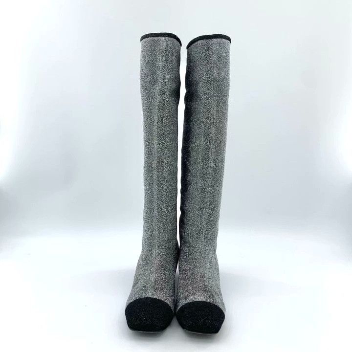 Chanel Chanel Silver-Gray Sequin Square-Toe Knee-High Boots Size US 7 / IT 37 - 3 Thumbnail