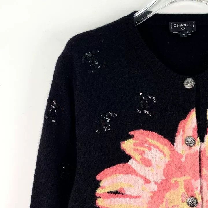 Chanel Chanel Black Floral Print Cashmere Cardigan Size S / US 4 / IT 40 - 3 Thumbnail