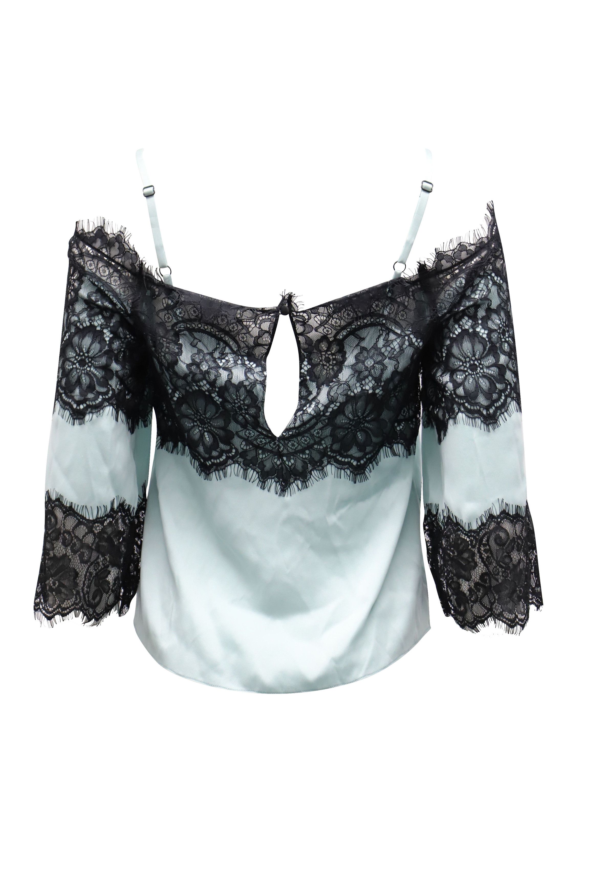 Alice + Olivia Alice & Olivia Cold Shoulder Lace Top in Mint Green Silk Size XS / US 0-2 / IT 36-38 - 3 Thumbnail