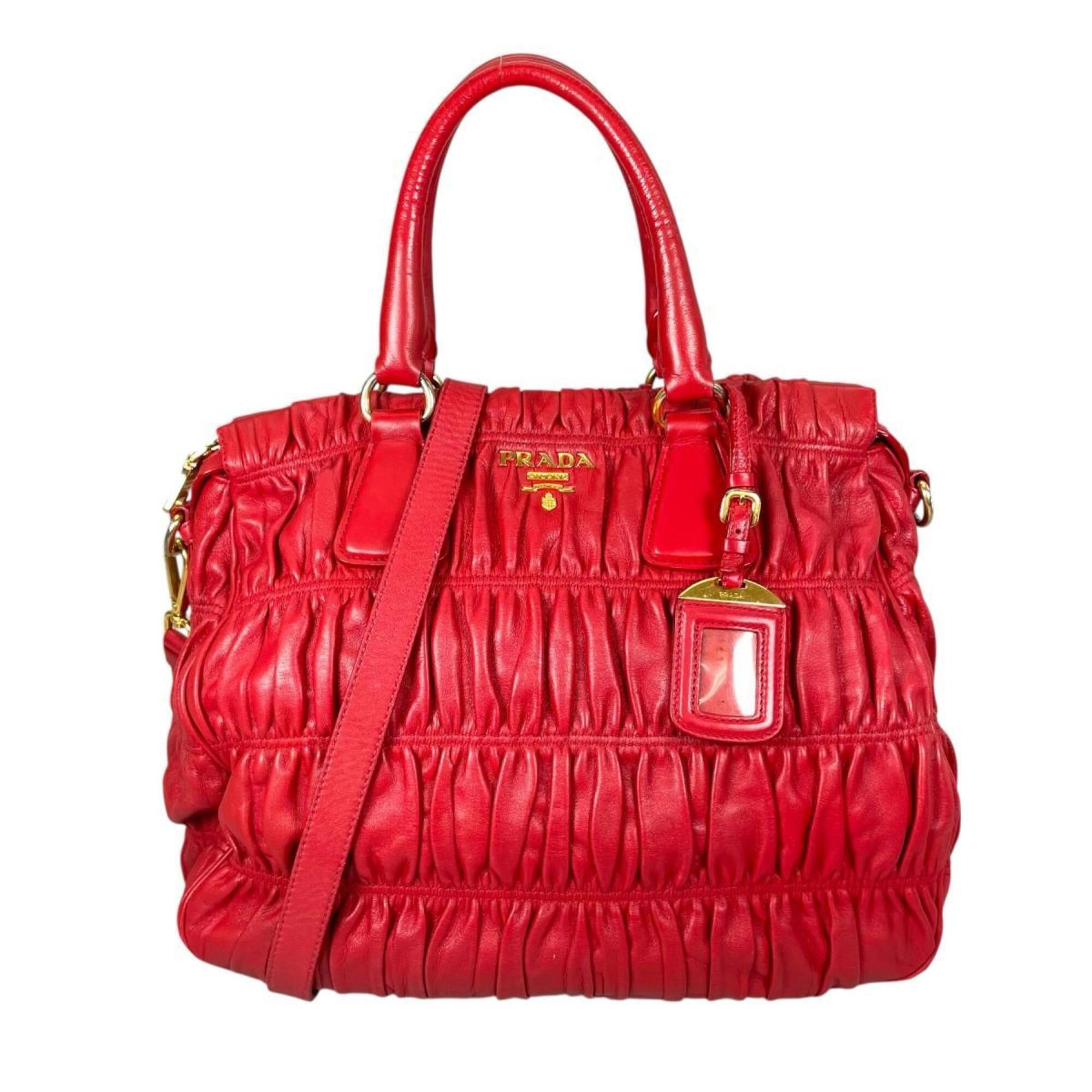 Prada Prada Tote Bag Shoulder Gathered Nappa Gaufre Leather B2588L Red Size ONE SIZE - 2 Thumbnail