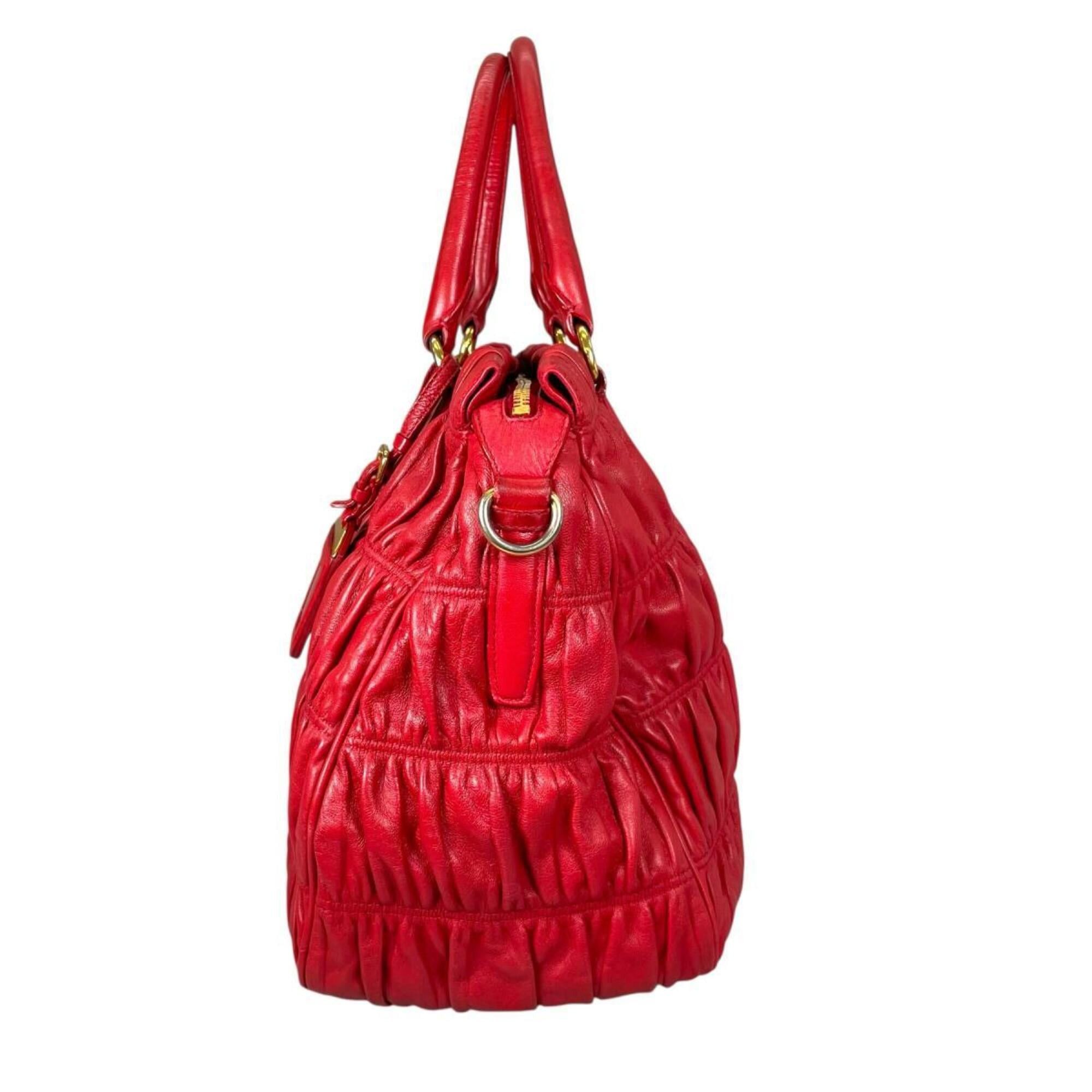 Prada Prada Tote Bag Shoulder Gathered Nappa Gaufre Leather B2588L Red Size ONE SIZE - 3 Thumbnail