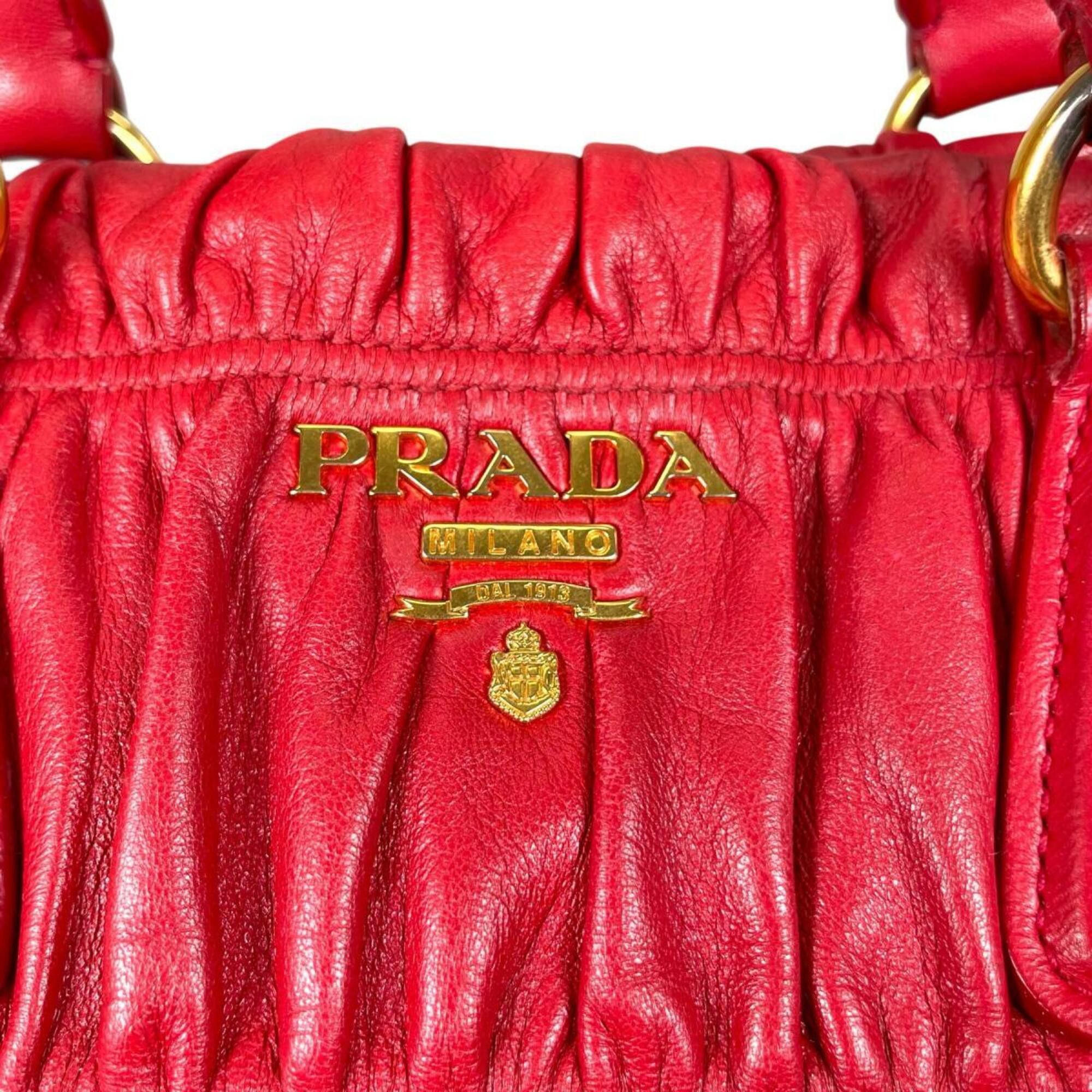 Prada Prada Tote Bag Shoulder Gathered Nappa Gaufre Leather B2588L Red Size ONE SIZE - 16 Thumbnail